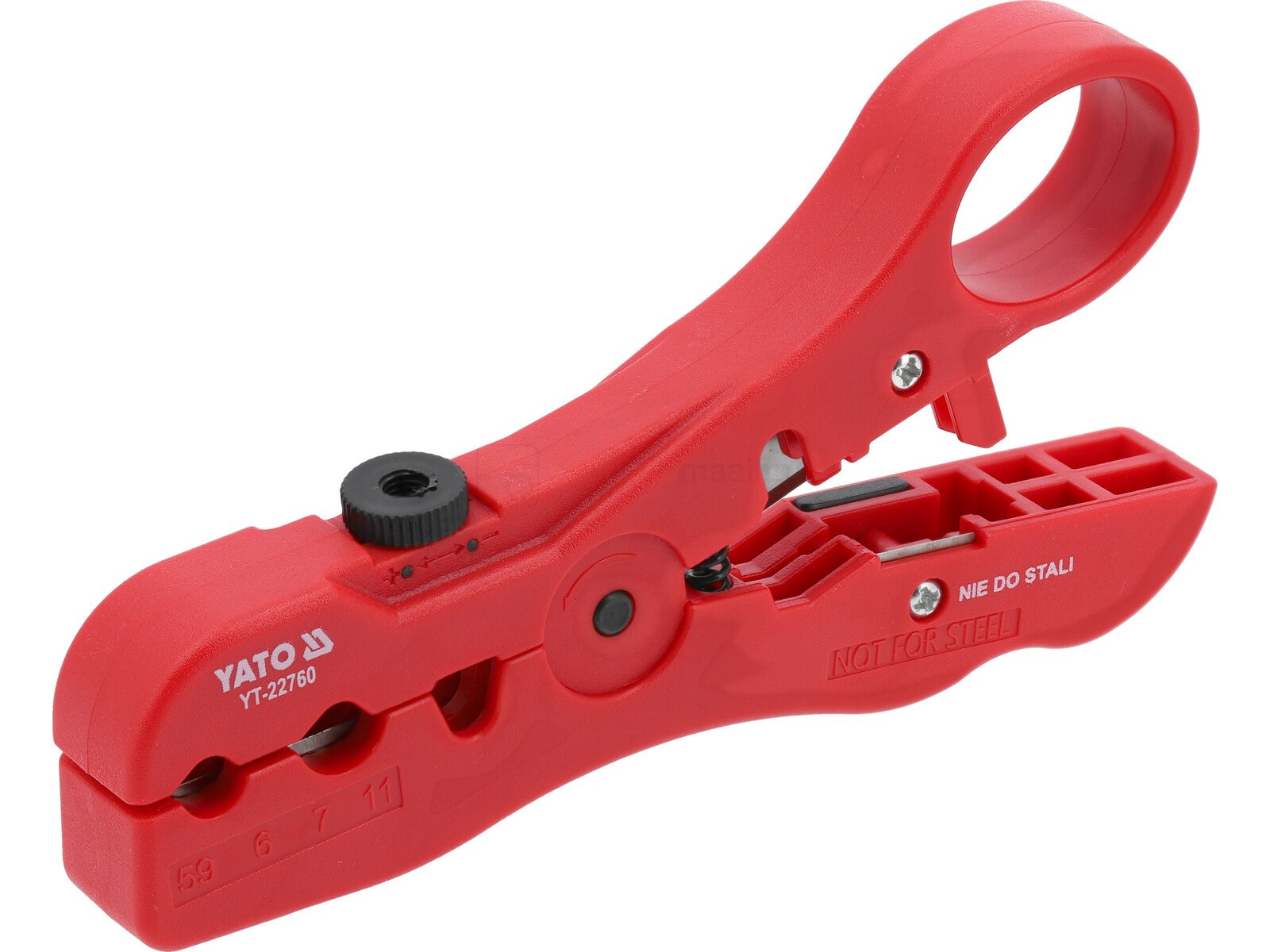 Pildil on punane YATO kaablikoorija, mis on mõeldud antenni- ja võrgukaablite jaoks.