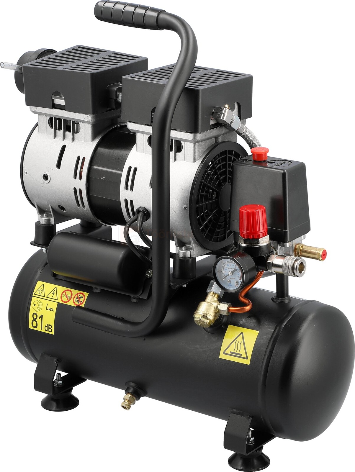 Pildil on musta värvi YATO vaikne õlivaba kolbkompressor 6 l, millel on silinder, rõhu mõõtur ja käepide.