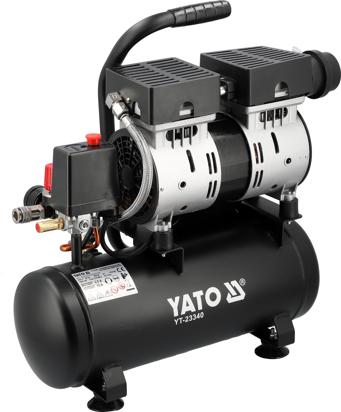 Pildil on musta värvi YATO vaikne õlivaba kolbkompressor 6 l, millel on silinder, õhukompressori pea, rõhulüliti ja...