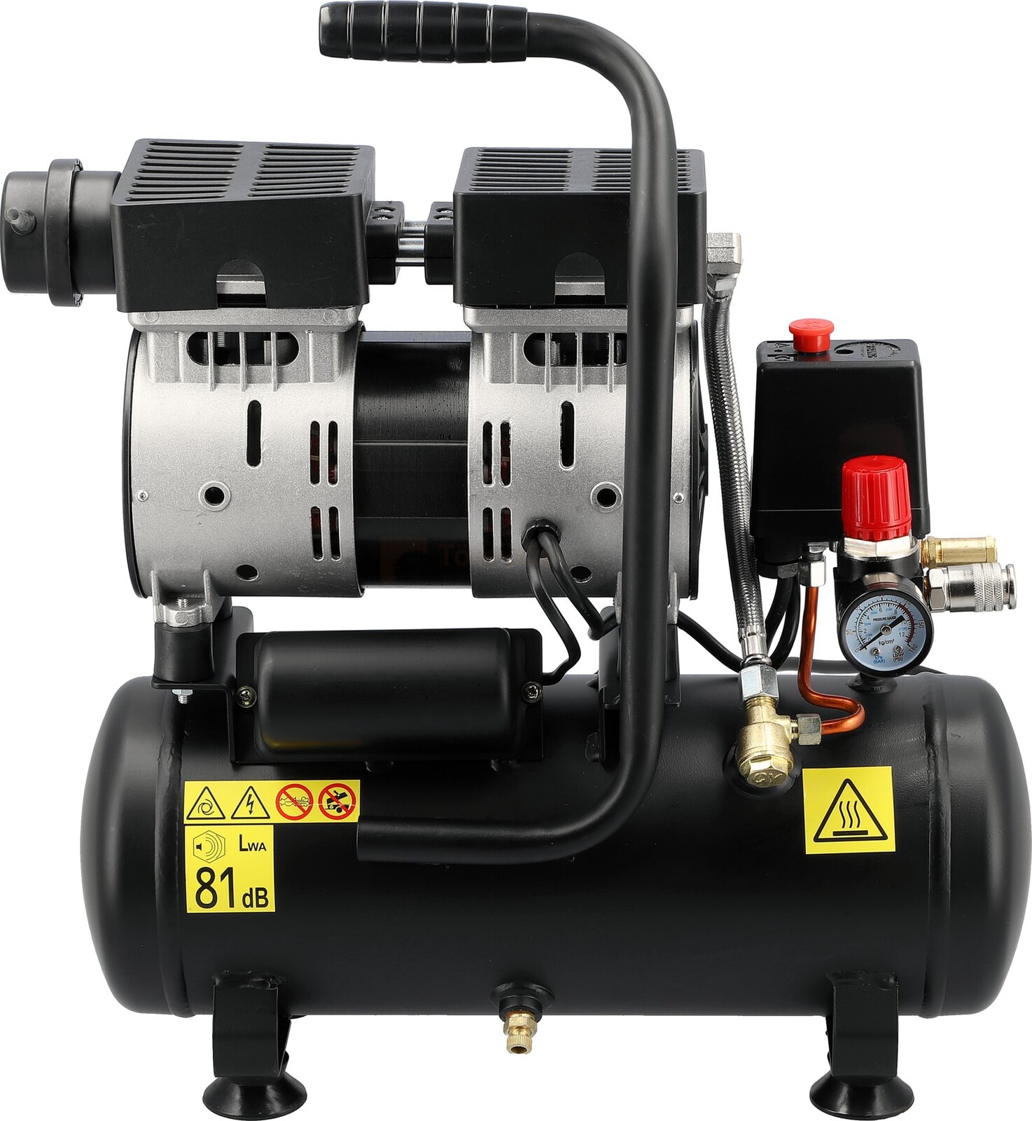 Pildil on must Yato vaikne õlivaba kolbkompressor mahutavusega 6 liitrit, millel on kaks mootorit, manomeeter ja...