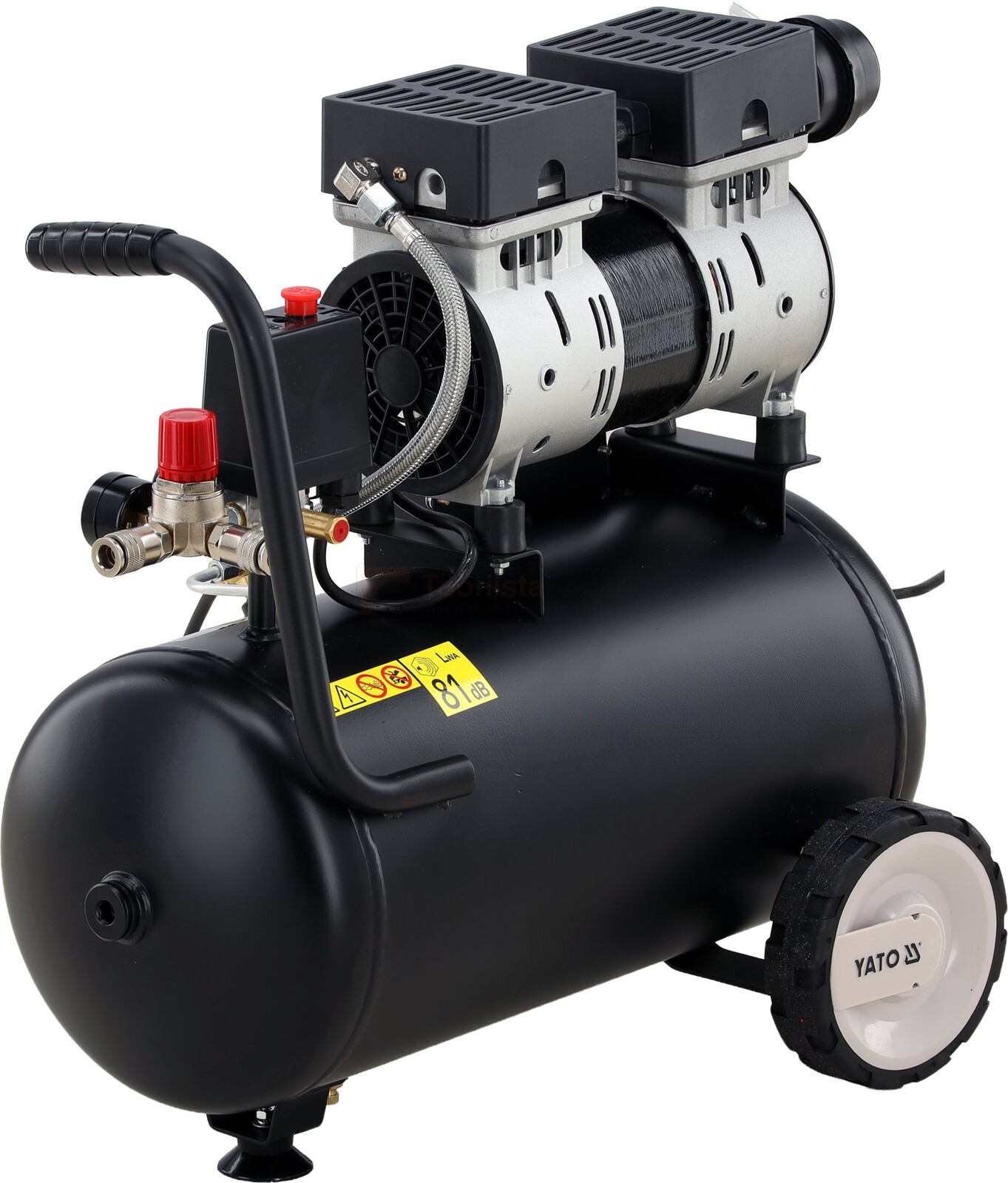 Pildil on musta värvi YATO kolbkompressor 24 l, millel on õhupaak, mootorid, käepide, rattad ja manomeeter.