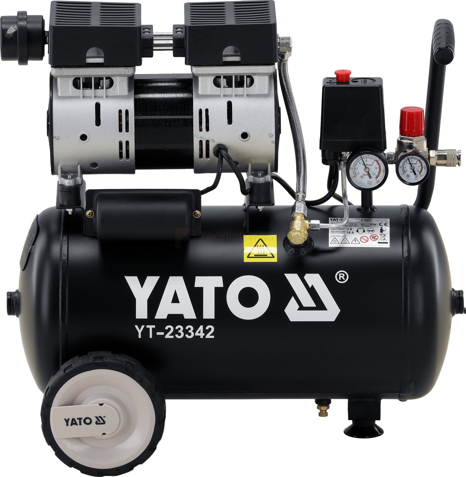 Pildil on YATO kolbkompressor 24 l musta paagiga, kahe mootoriga ja rõhumõõturitega.