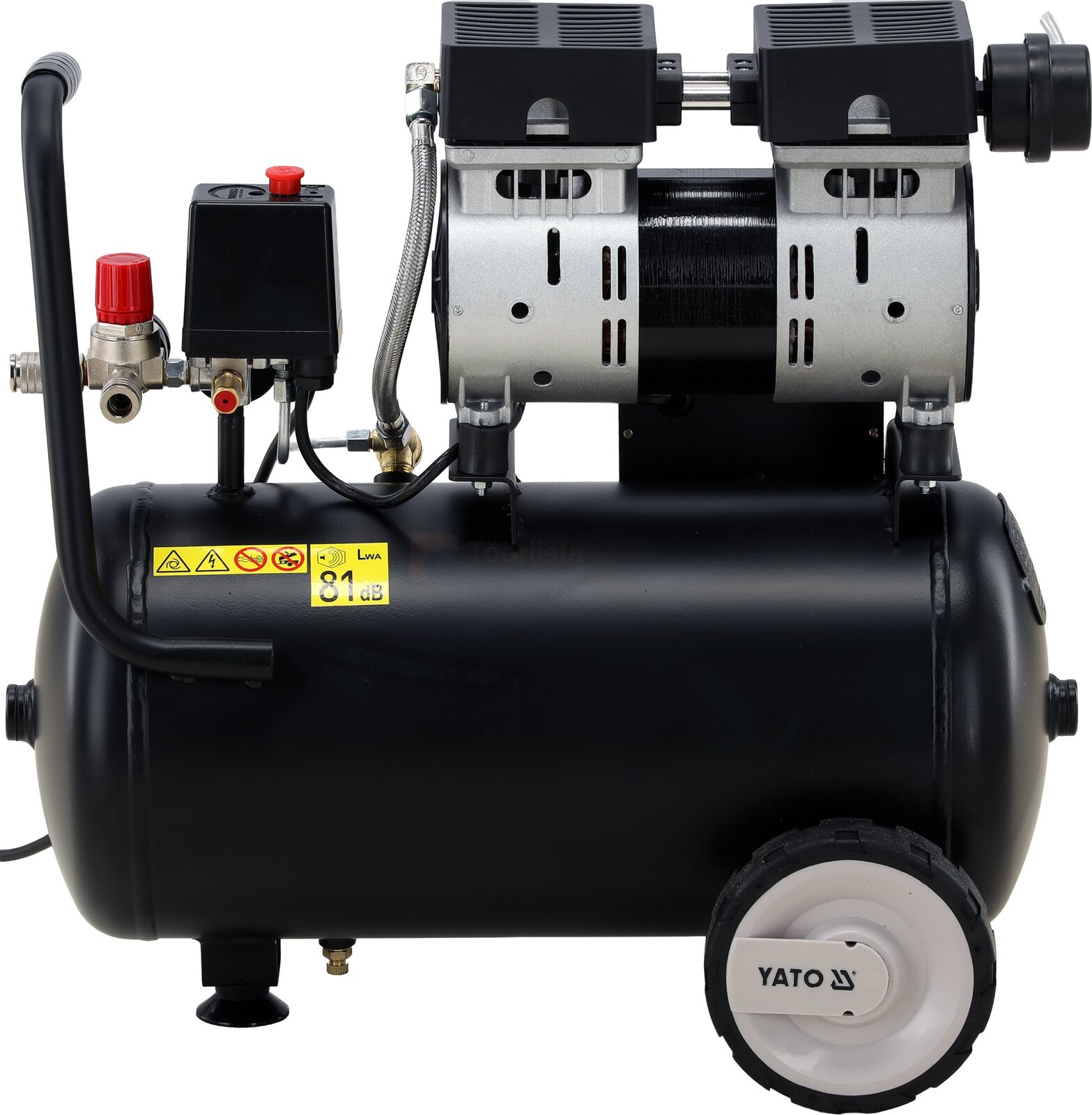 Pildil on musta värvi Yato 24-liitrine kolbkompressor, millel on kaks silindrit, rõhu regulaator ja rattad lihtsaks...