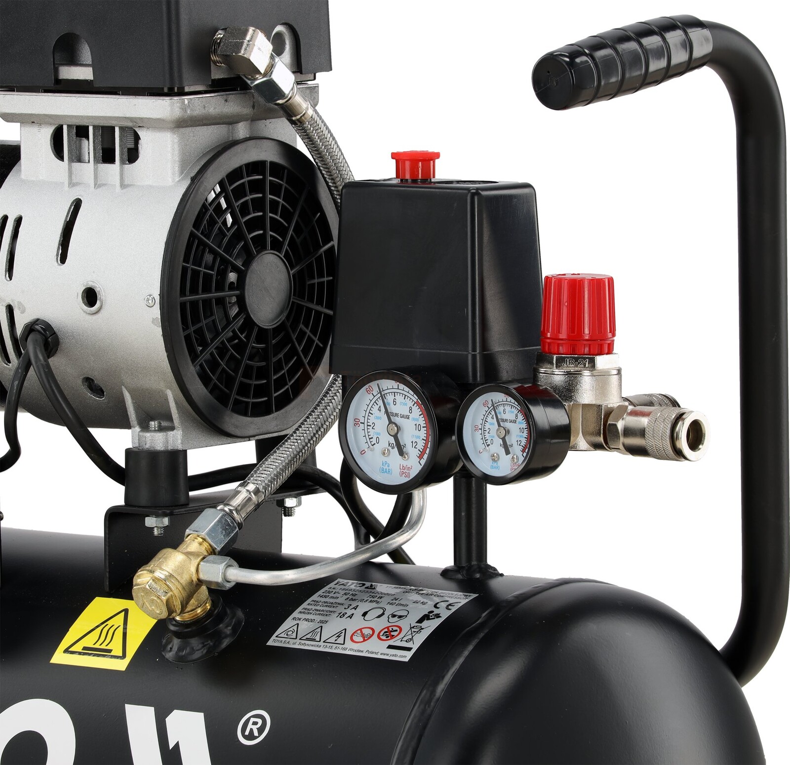 Pildil on näha YATO kolbkompressor 24 l koos mootori, manomeetrite, rõhuregulaatori ja õhuväljundiga.