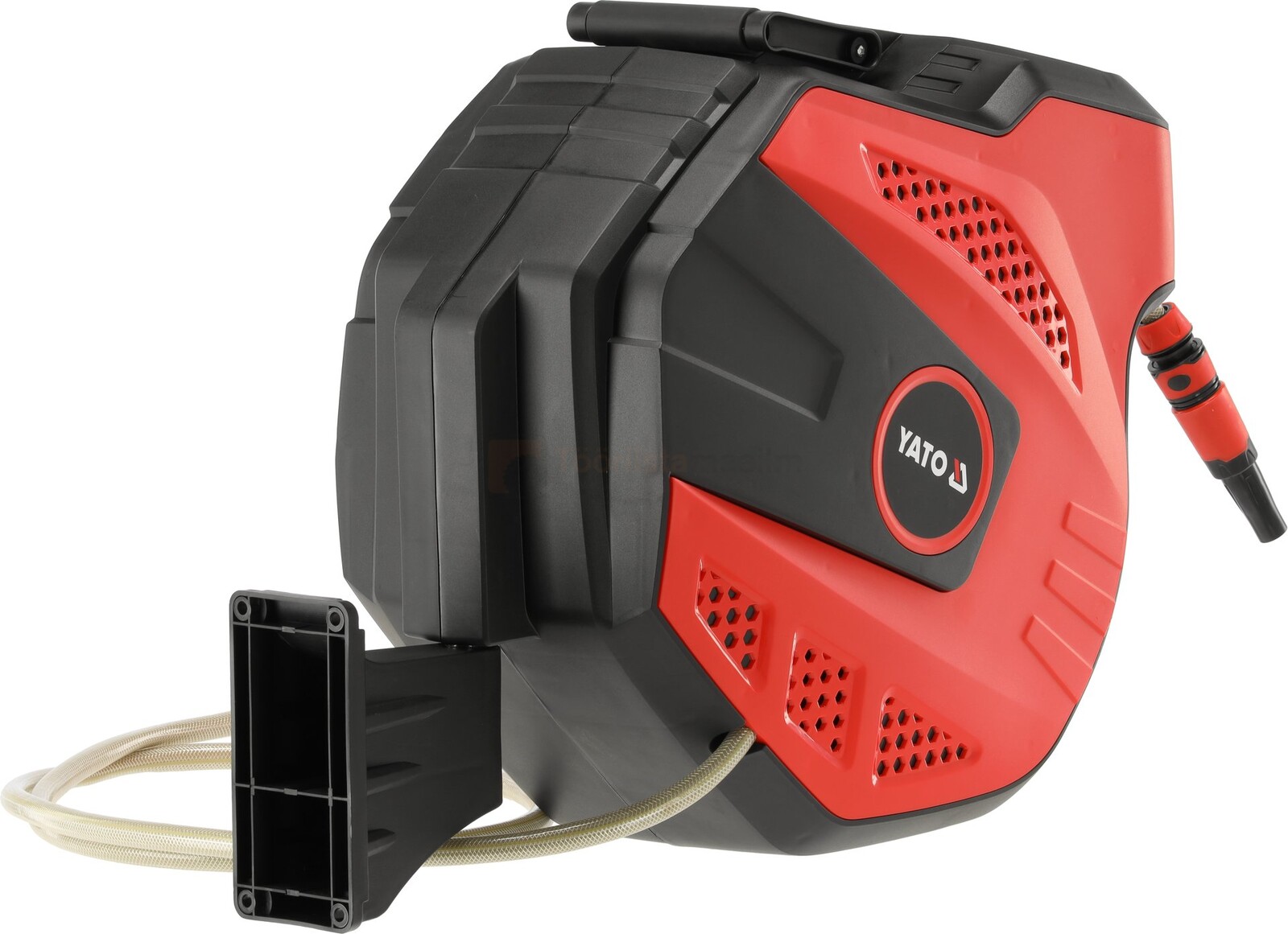 Pildil on näha punase ja musta värvi YATO voolikupool, millel on 11,5 mm x 15 m voolik ja seinakinnitus.