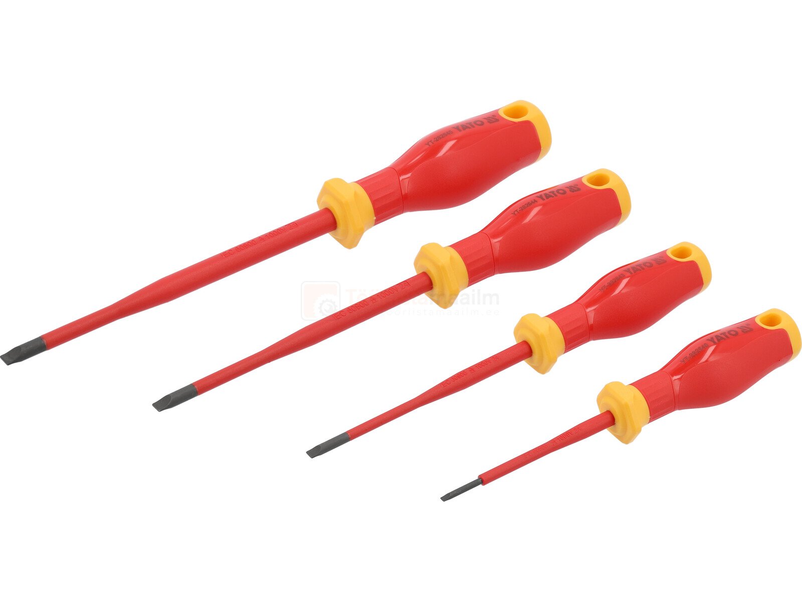 Pildil on Yato VDE kruvitsate komplekt, mis koosneb neljast punase ja kollase käepidemega kruvitsast.