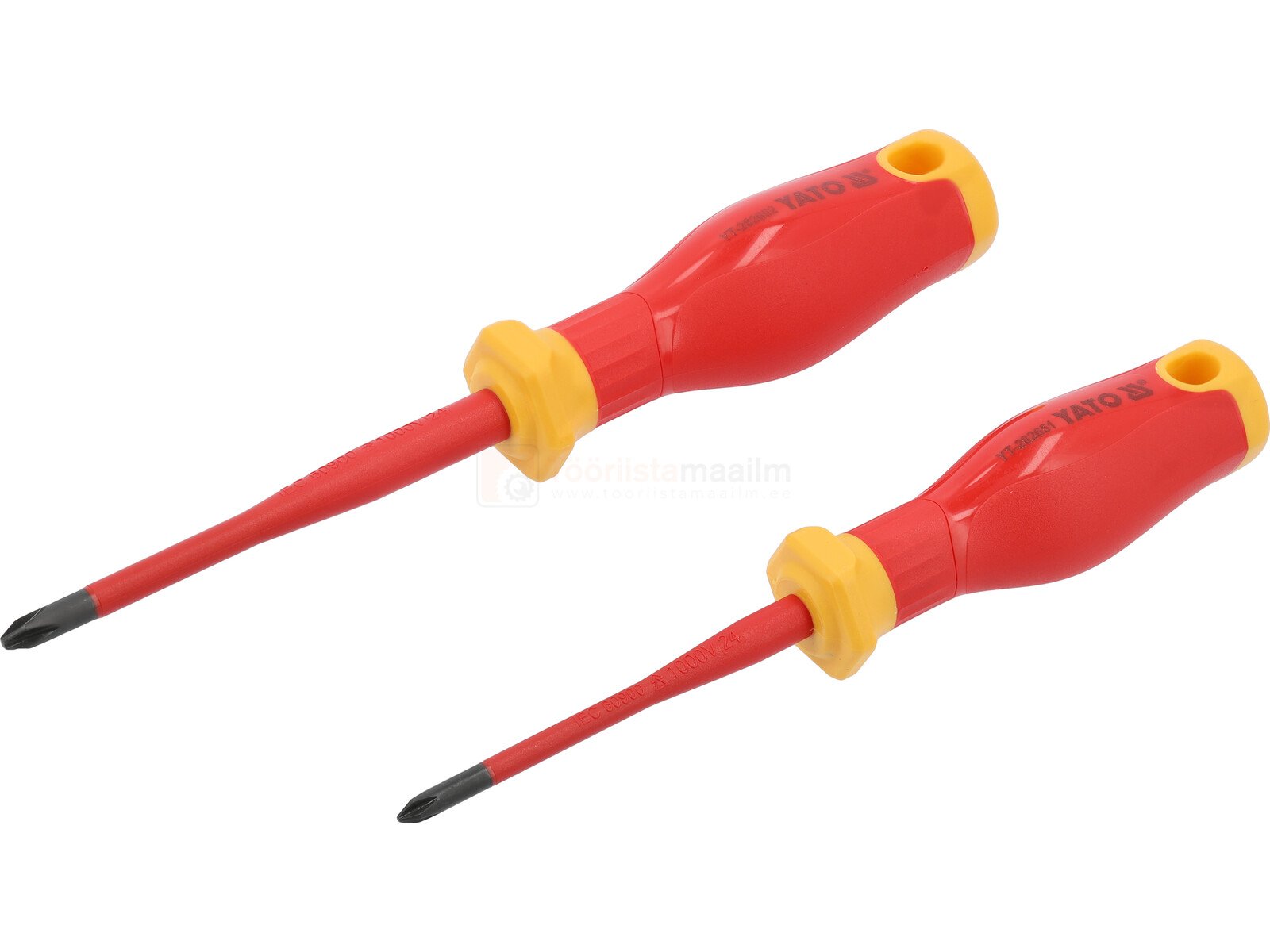 Pildil on näha Yato VDE kruvitsate komplekt, mis sisaldab kahte punase ja kollase käepidemega kruvitsat.