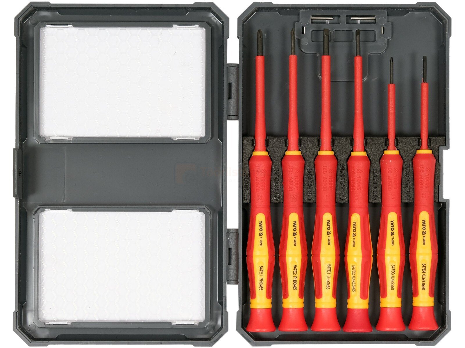 Pildil on avatud YATO VDE peenkruvitsate komplekt, mis sisaldab kuut punase ja kollase käepidemega kruvitsat.
