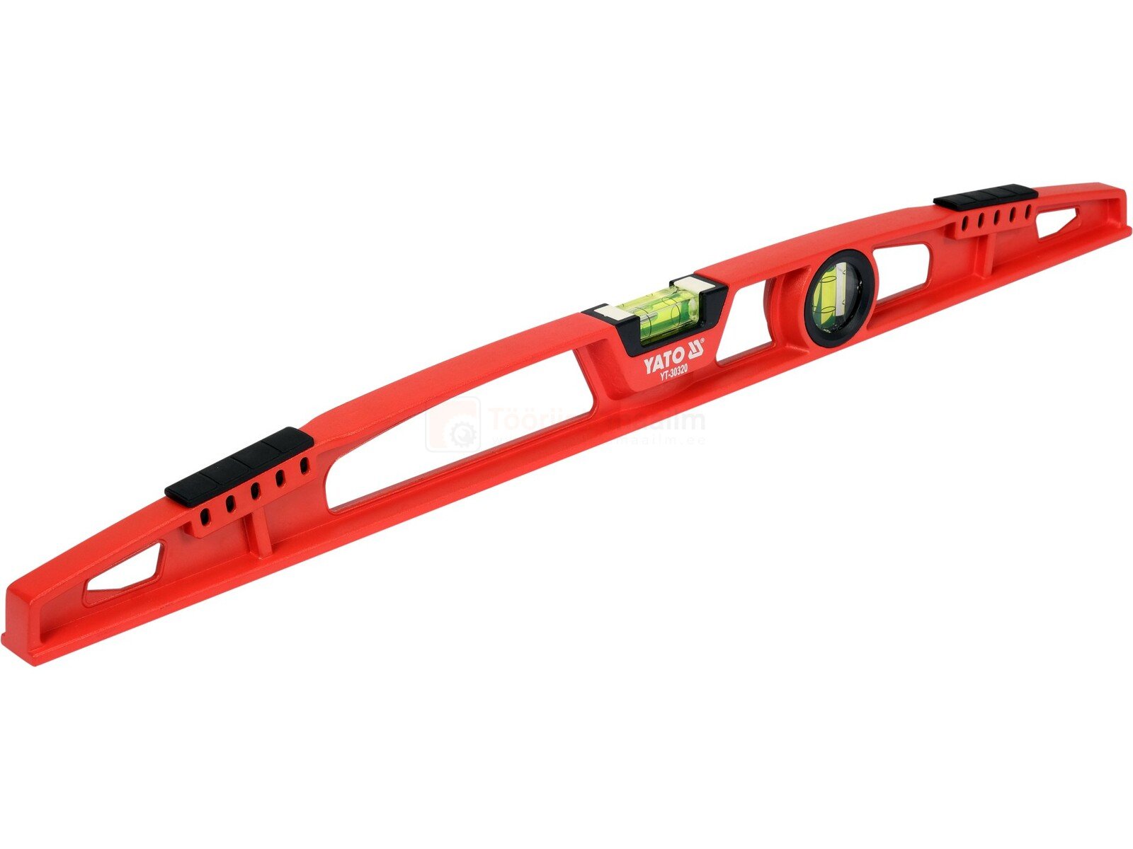 Pildil on punane YATO 600 mm vesilood, millel on mullid horisontaalse ja vertikaalse taseme kontrollimiseks.