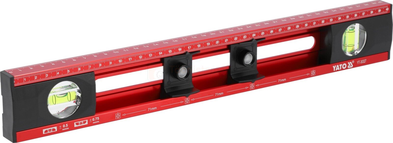 Pildil on punane Yato vesilood pikkusega 400 mm, mis on mõeldud elektrikutele ja millel on mullid horisontaalse ja...