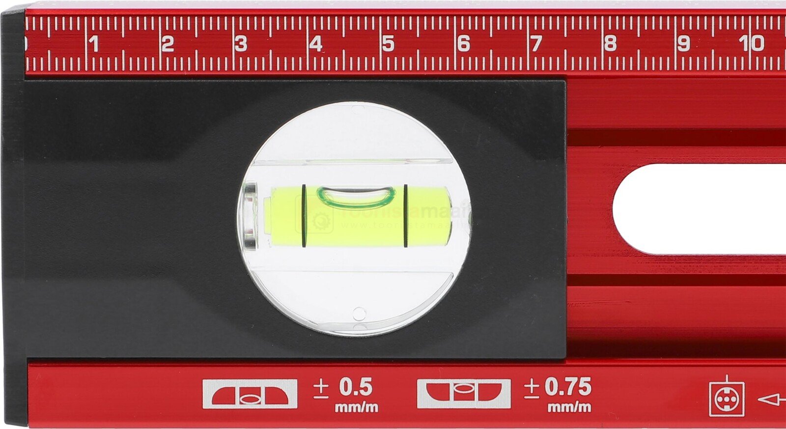 Pildil on näha Yato 400 mm vesilood, mis on mõeldud elektrikutele, koos mõõteskaala ja mulliga, mis näitab tasapinda.