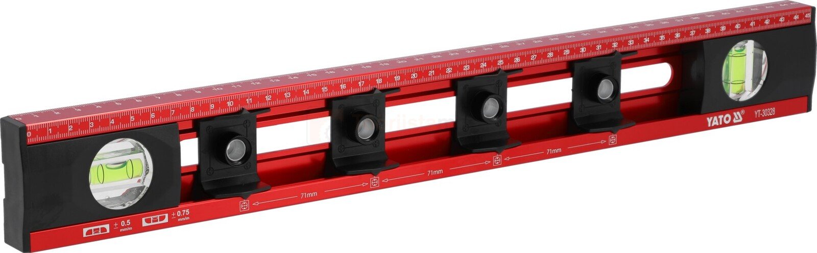 Pildil on punane Yato vesilood pikkusega 450 mm, mis on mõeldud elektrikutele ja millel on mullitasemed ja kinnitused.