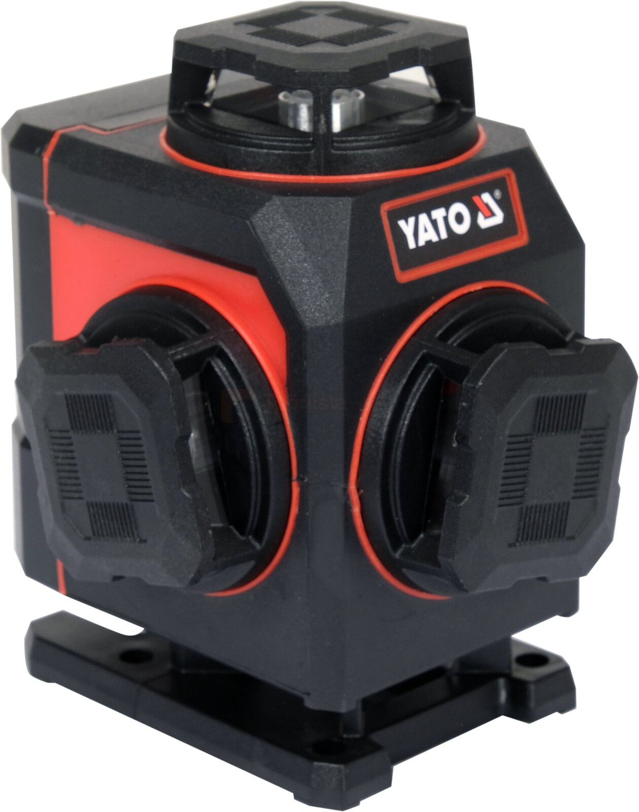 Pildil on YATO 4D roheline joonlaser, millel on punaste detailidega must korpus, koos tarvikutega.