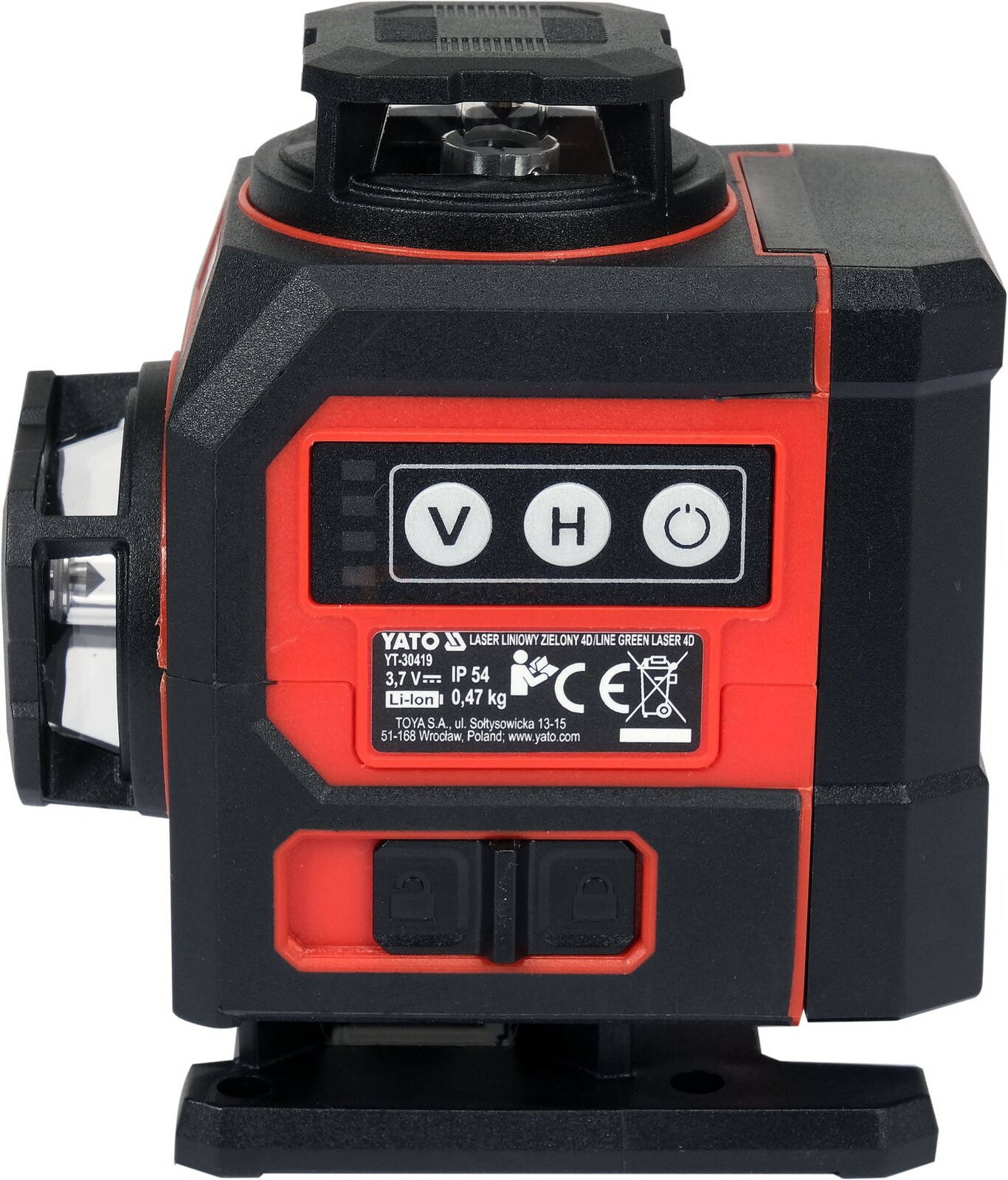 Pildil on YATO 4D roheline joonlaser, millel on näha juhtpaneel, mis võimaldab kontrollida nii vertikaal- kui ka...