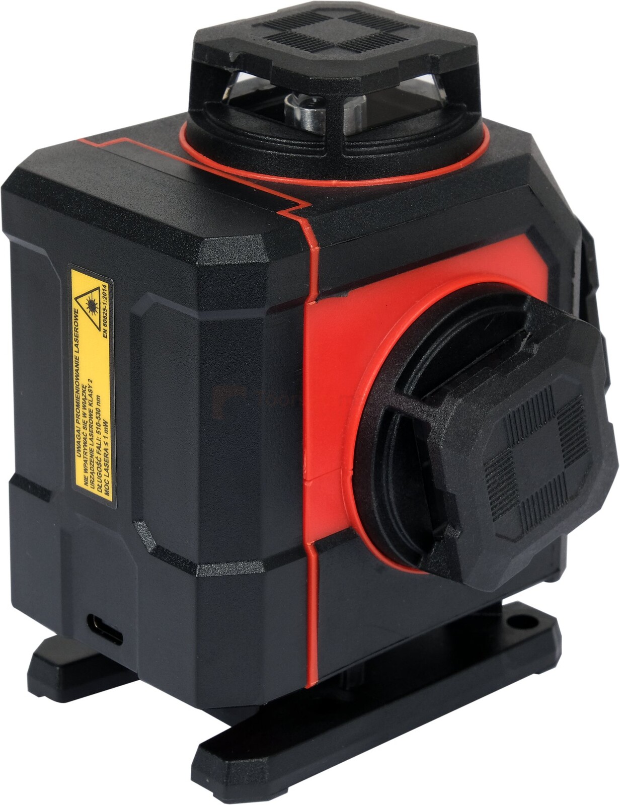 Pildil on musta ja punase värviga YATO 4D roheline joonlaser, millel on küljel tarvikutele kinnitus.