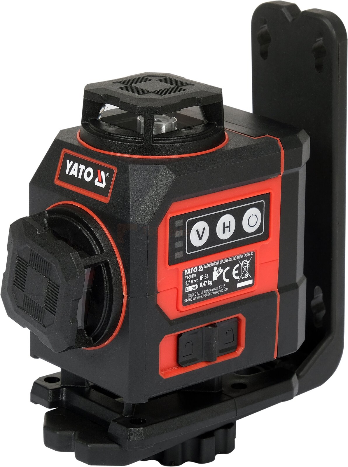 Pildil on YATO 4D roheline joonlaser, mis on kinnitatud kinnitusvahendile ja mille küljel on näha kontrollnupud.