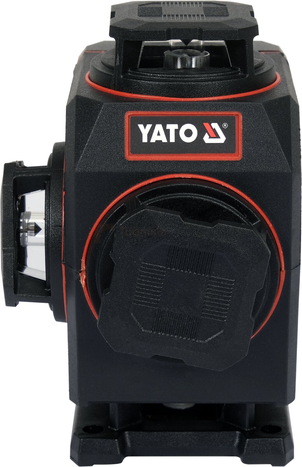 Pildil on musta värvi Yato 4D roheline joonlaser, millel on punased detailid ja tarvikud.