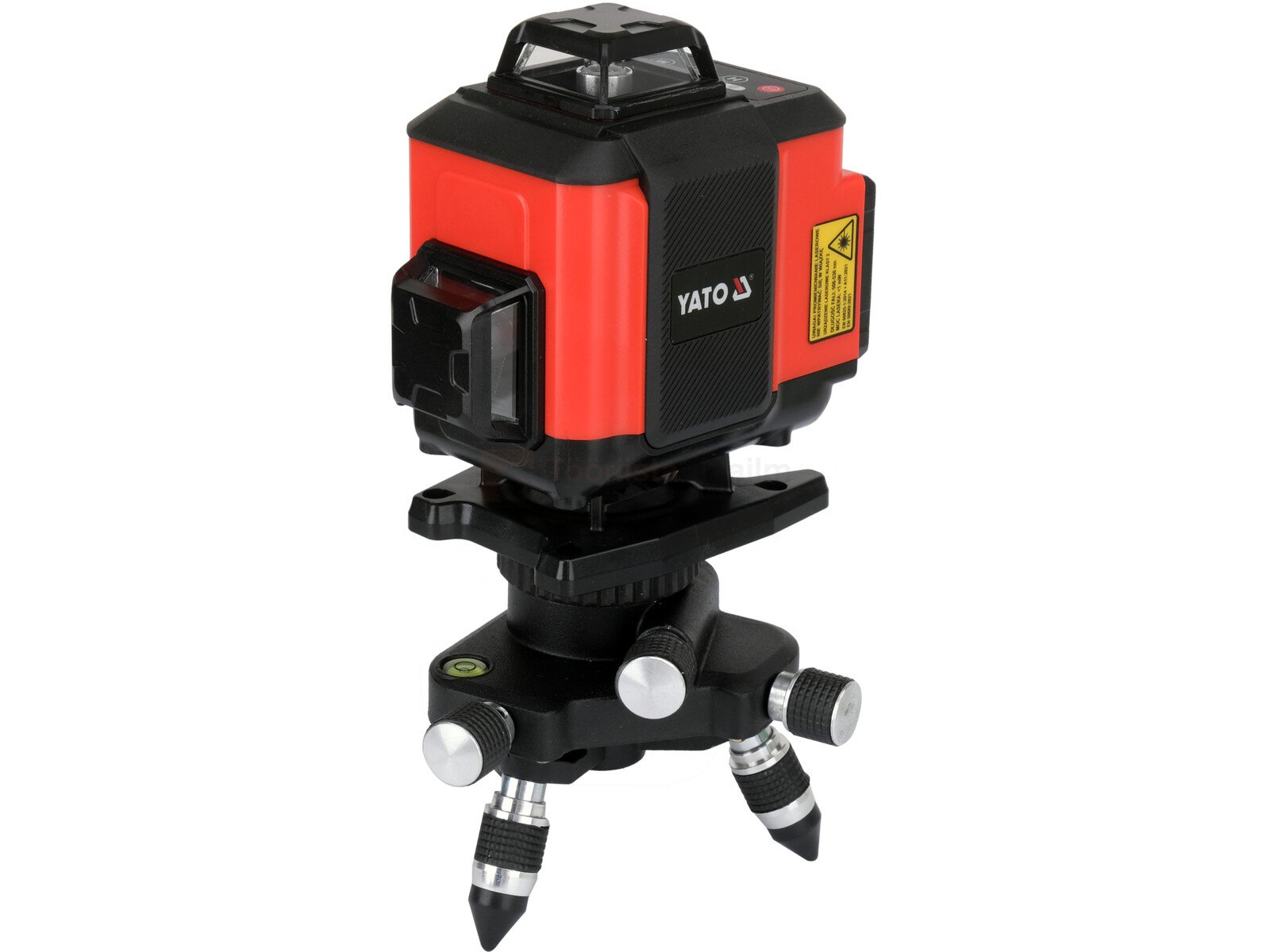 Pildil on YATO joonlaser 4D, mis on paigutatud statiivile ja mis kiirgab rohelist kiirt.