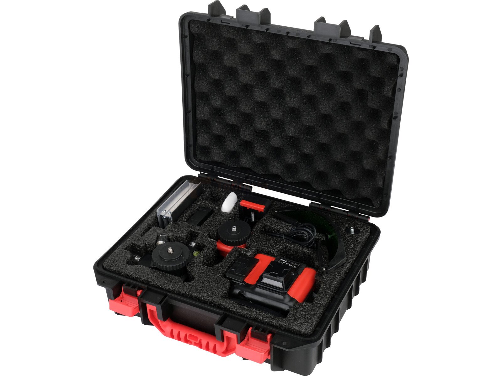 Pildil on avatud YATO 4D joonlaser, mis on pakitud musta kohvrisse, mille sees on erinevad laseriga seotud tarvikud.