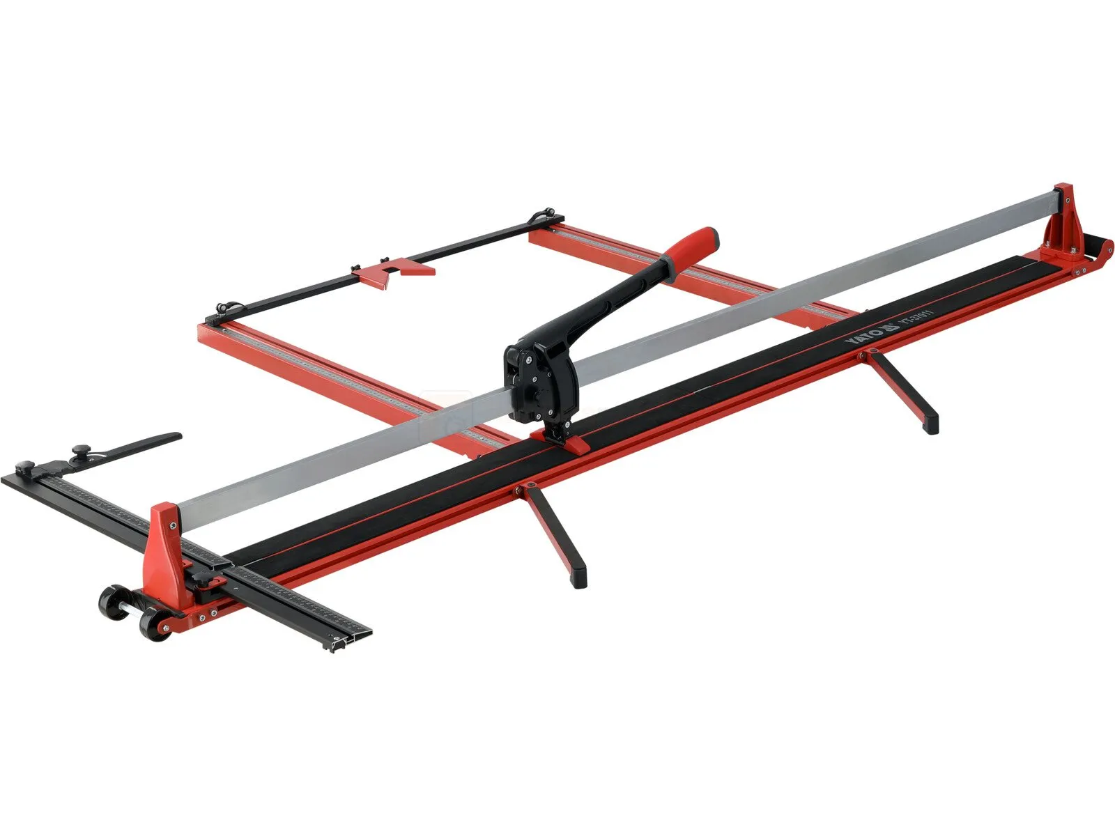 Pildil on Yato PROFESSIONAL TILE CUTTER 1850 MM, mis on punane plaatide lõikur, millel on pikk lõikepind ja mitmed...