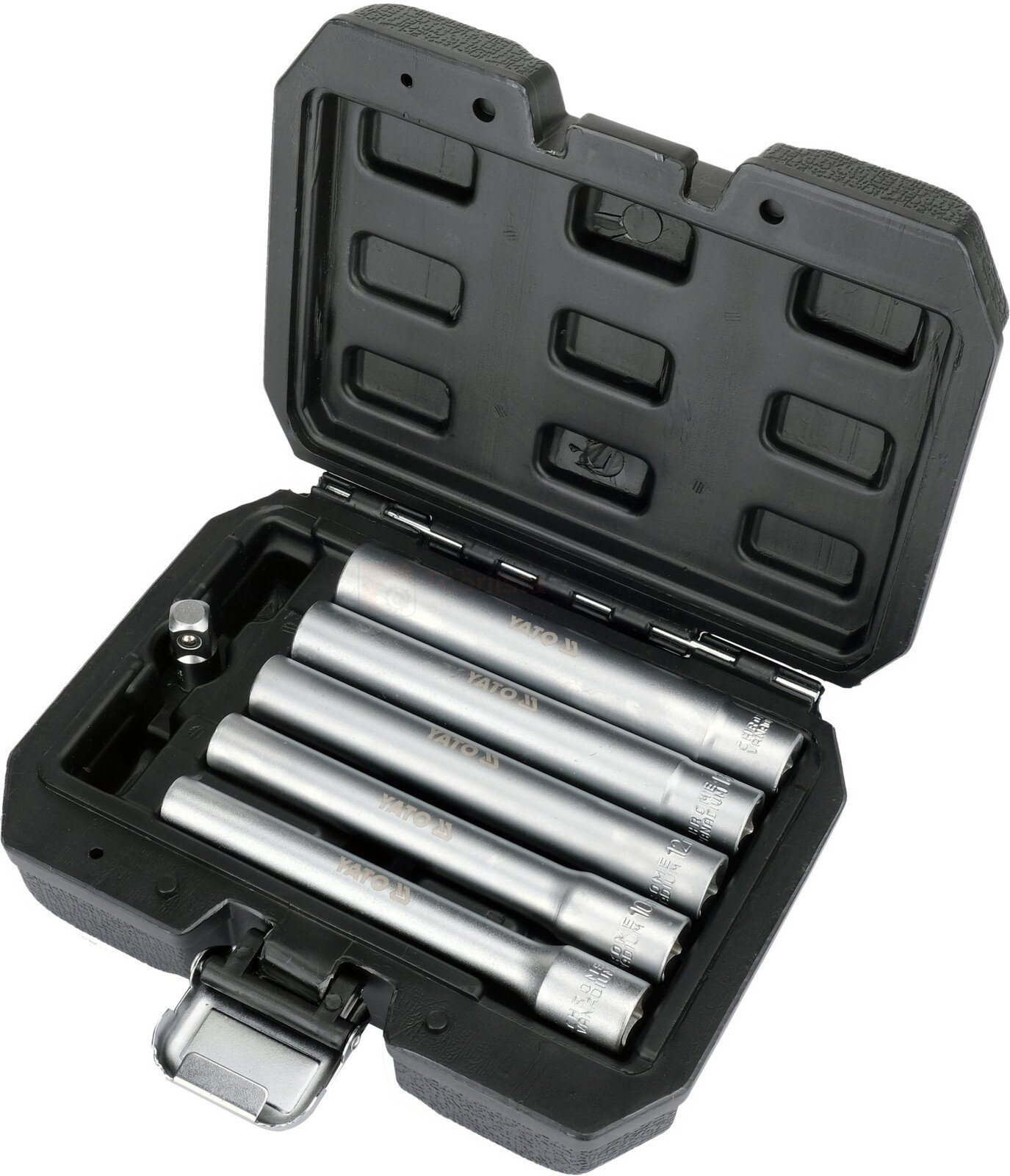 Pildil on avatud mustas karbis YATO pikkade padrunite komplekt, mis sisaldab erineva suurusega silindrilisi padrunvõtmeid.
