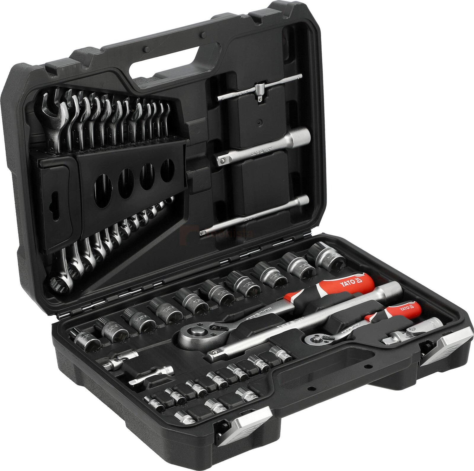 Pildil on avatud mustast kohvrist koosnev 41-osaline YATO tööriistakomplekt, mis sisaldab erinevaid mutrivõtmeid, narreid...