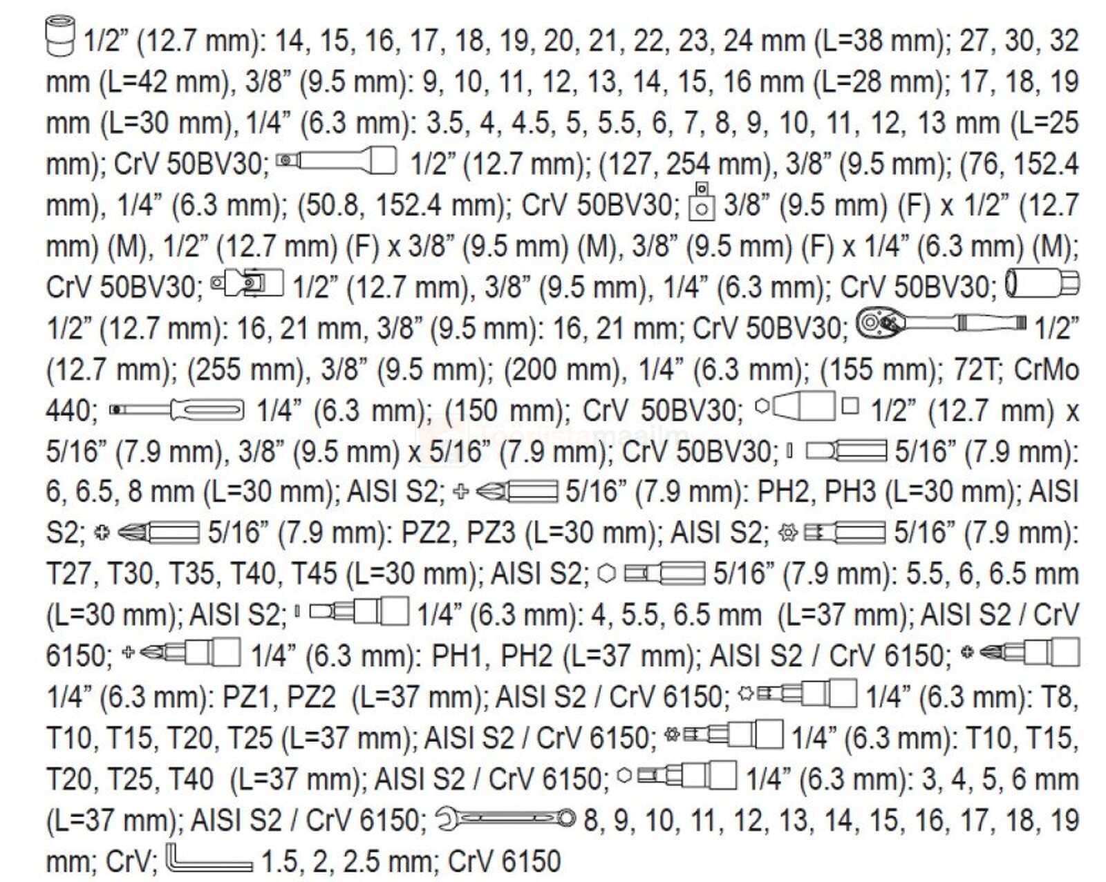 Pildil on YATO 111-osaline tööriistakomplekt, mis sisaldab erinevaid otsikuid ja adaptereid.