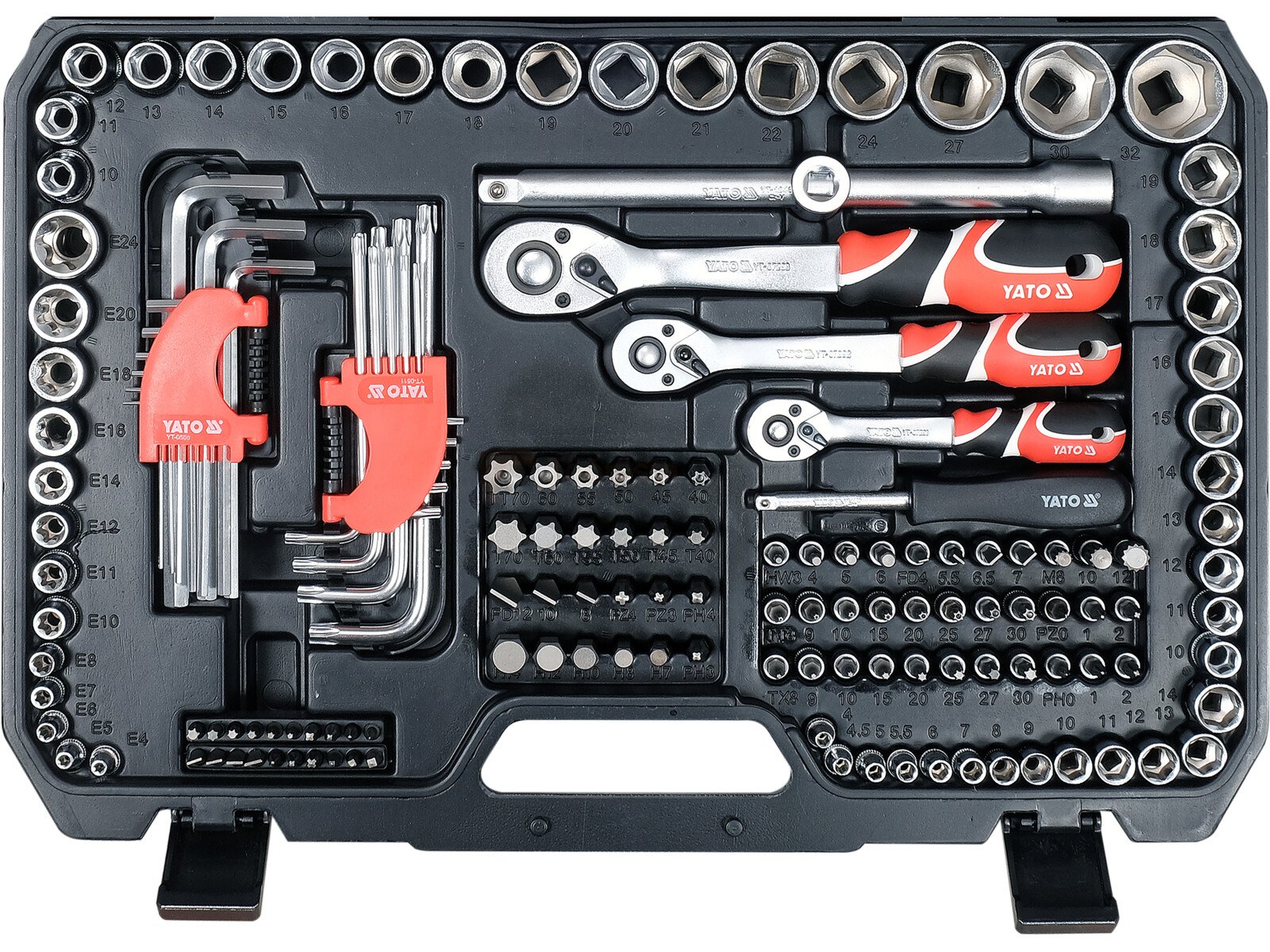 Pildil on YATO 198-osaline tööriistakomplekt, mis sisaldab erinevaid pistikupesasid, mutrivõtmeid, kruvikeeraja otsikuid...