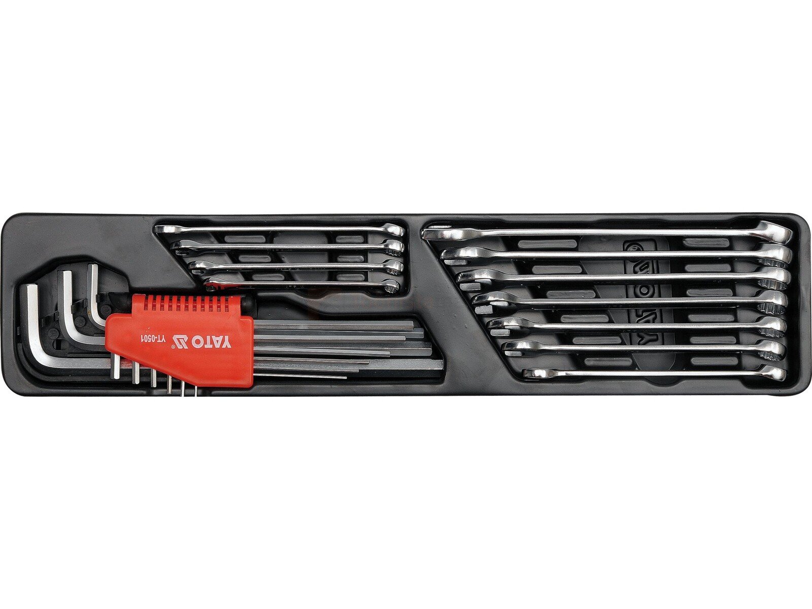 Pildil on Yato tööriistakomplekt, mis sisaldab erinevaid tööriistu, nagu kuuskantvõtmed ja silmusvõtmed, mis on...