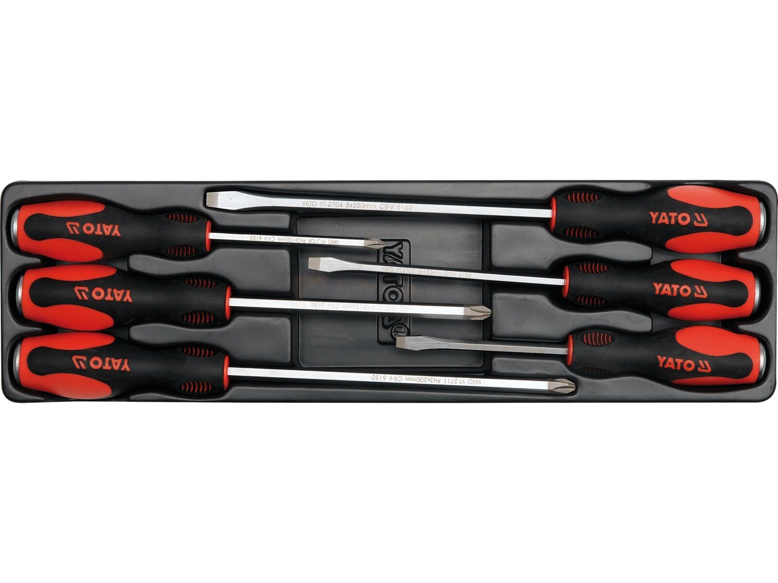 Pildil on Yato kruvikeerajate komplekt, mis on paigutatud musta aluse sisse.