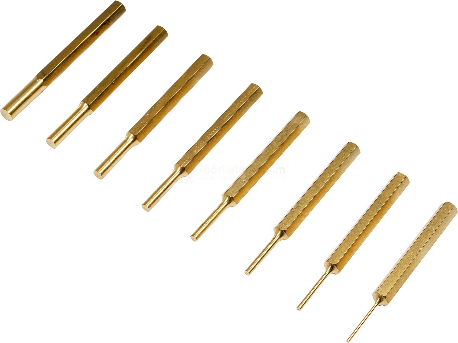 Pildil on YATO tornide komplekt, mis koosneb kaheksast erineva suurusega messingist tornist.