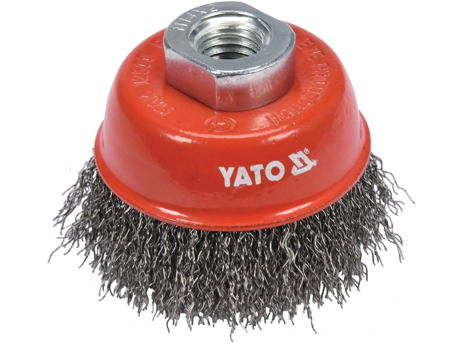 Pildil on punase korpusega Yato kaubamärgi roostevabast terasest traatharjaga cup brush, millel on peal mutter.