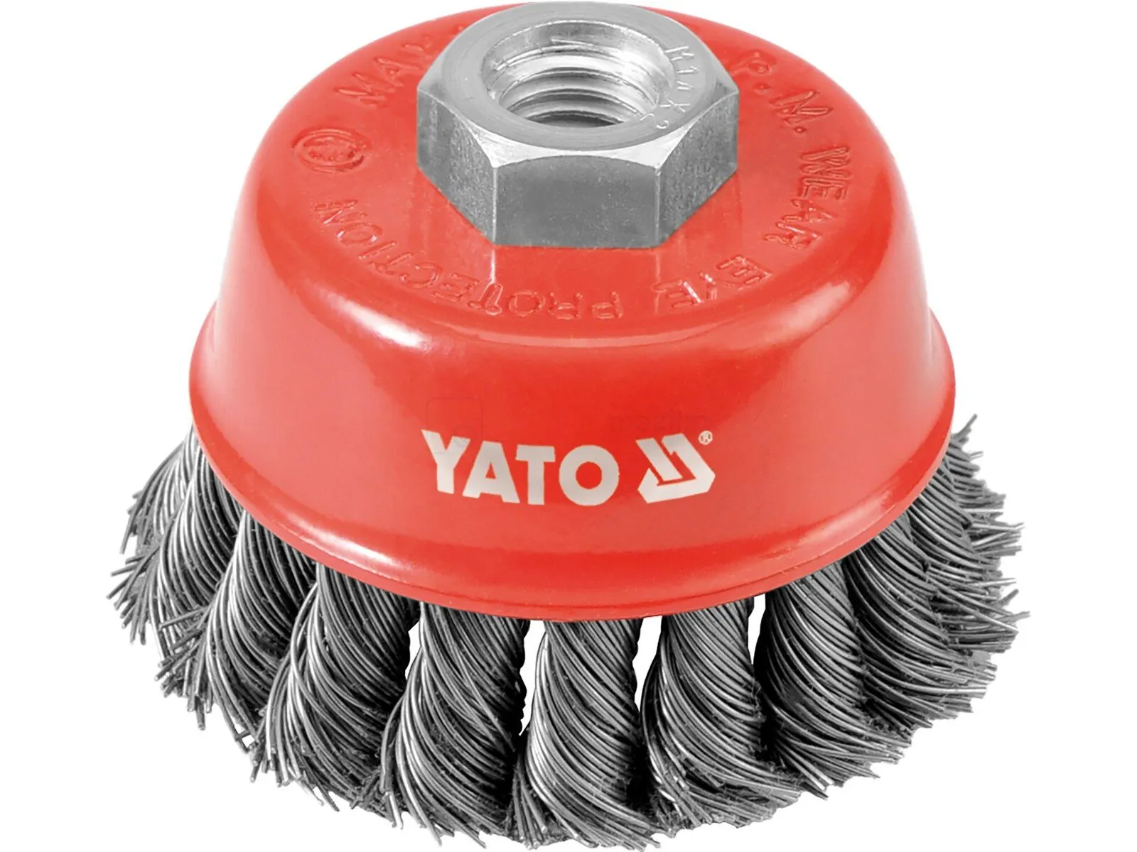 Pildil on Yato kaubamärgi punase kattega CUP BRUSH, millel on metallist harjased ja keskel kinnitusmutter.