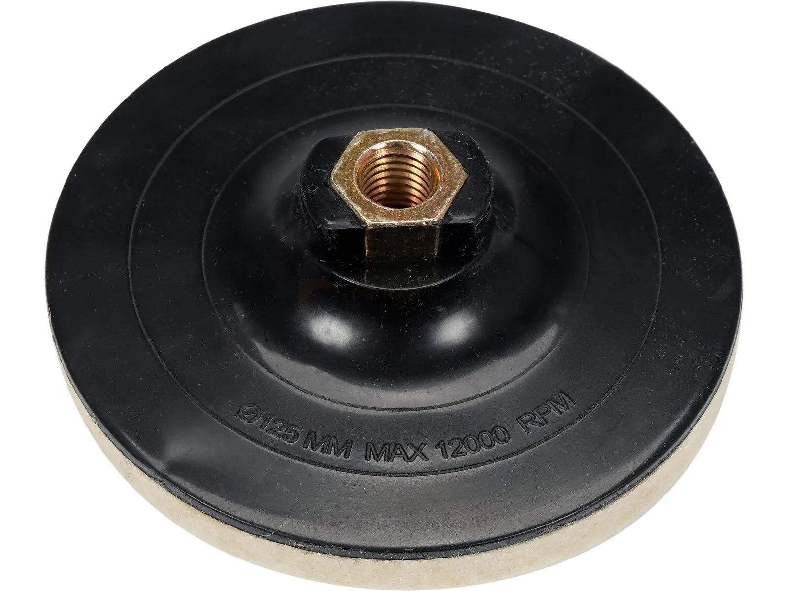 Pildil on musta YATO poleerimisketta M14 pealtvaade, millel on keskel kinnitusmutrid ja tekstiga "125 MM MAX 12000 RPM".