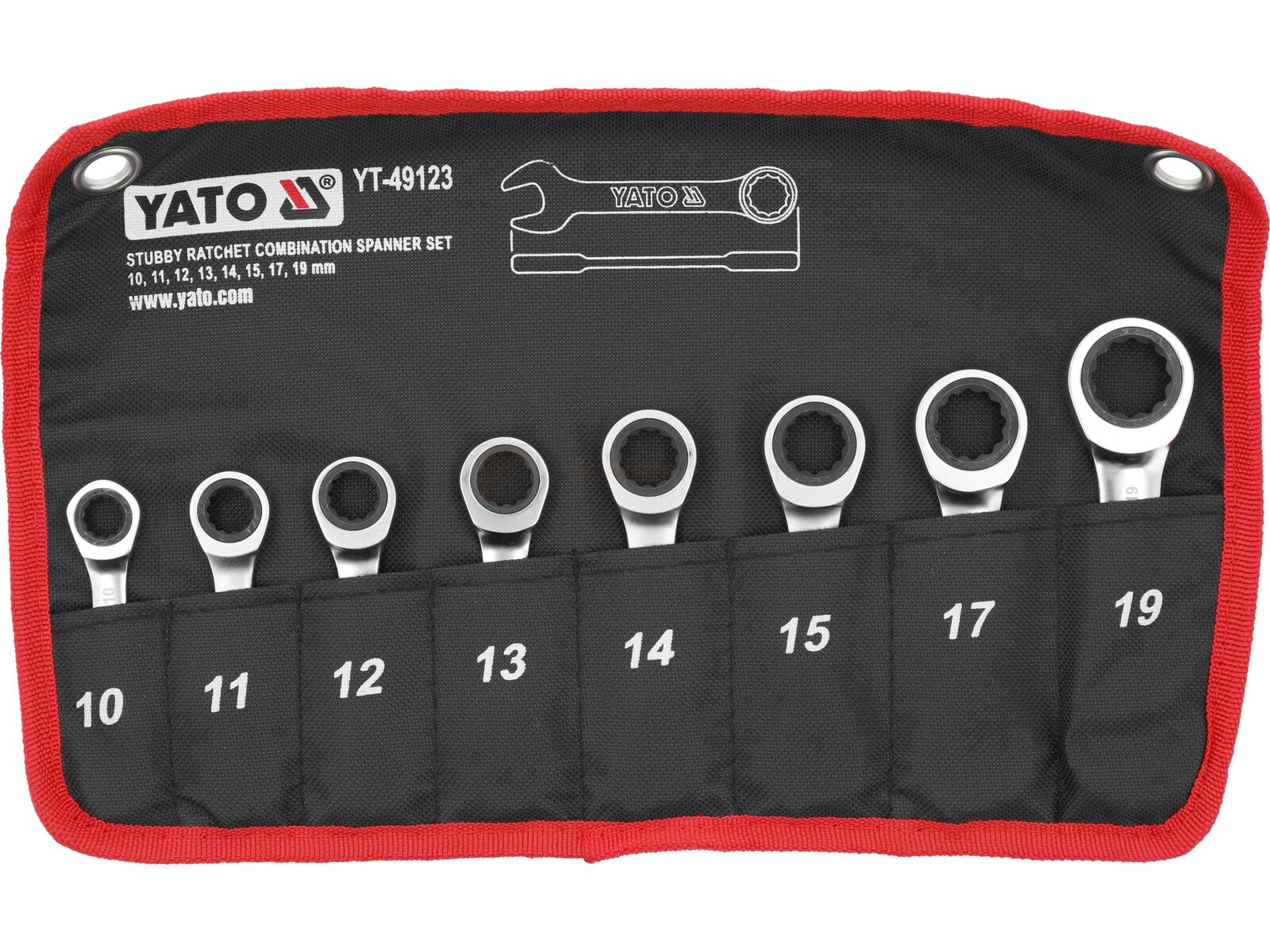 Pildil on Yato lehtsilmusnarrede komplekt, mis sisaldab kaheksat erineva suurusega mutrivõtit, mis on paigutatud musta...