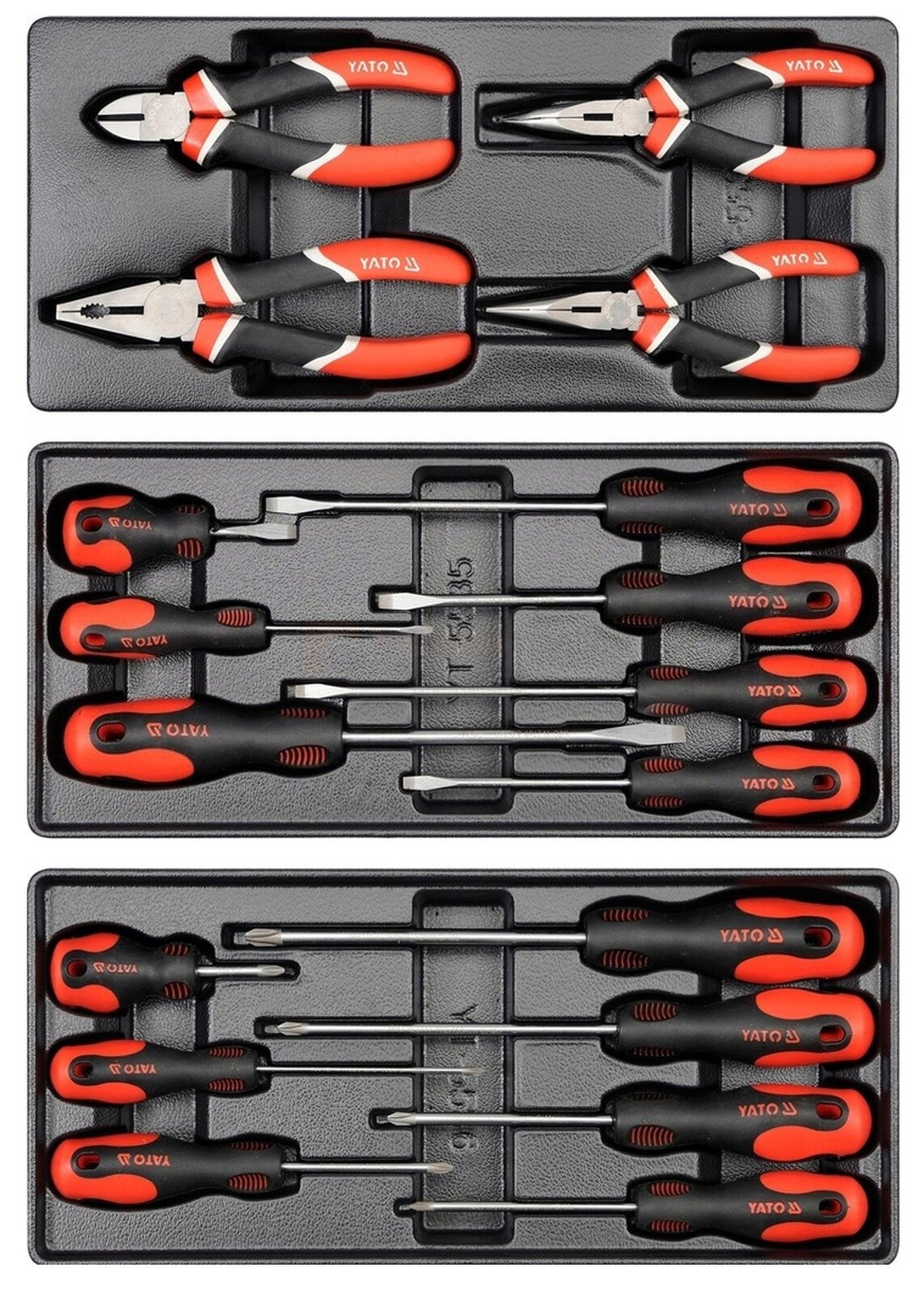 Pildil on Yato tööriistakomplekt, mis sisaldab erinevaid tangid ja kruvikeerajaid, mis on paigutatud korralikult kolme...