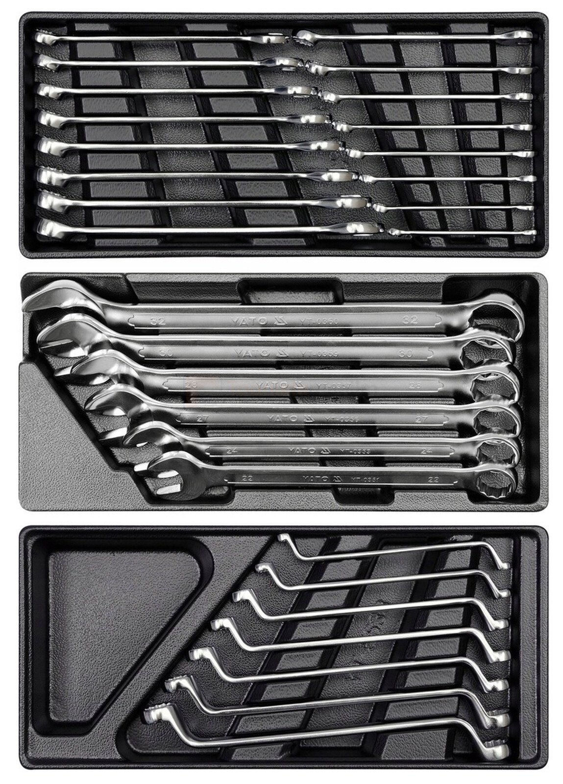 Pildil on YATO tööriistakomplekt, mis sisaldab erinevaid mutrivõtmeid, mis on paigutatud kolme eraldi karpi.