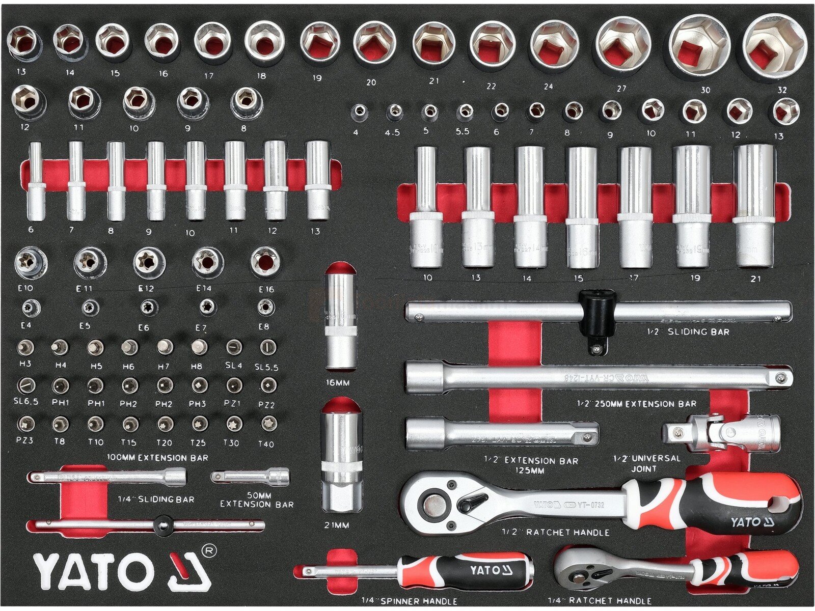 Pildil on Yato tööriistakomplekt, mis sisaldab erinevaid pistikupesasid, pikendusi, mutrivõtmeid ja muid tööriistu, mis...