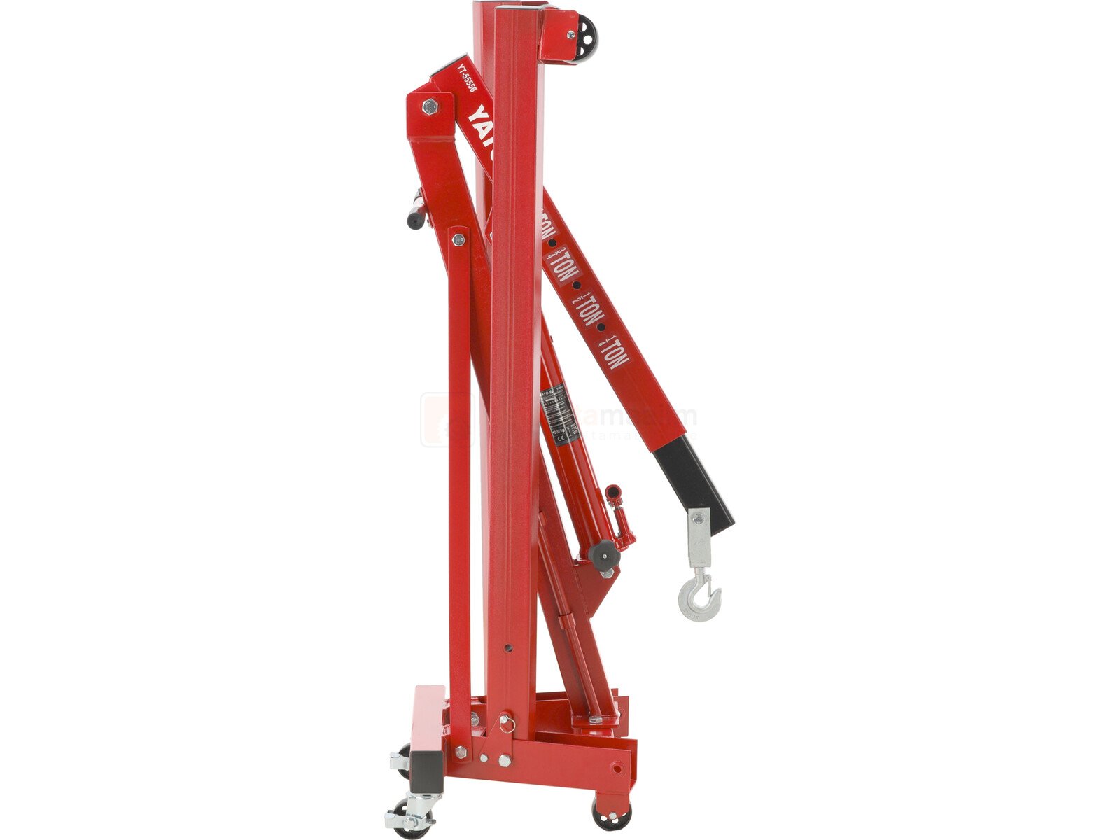 Pildil on punane Yato töökoja kraana, mille tõstevõime on 1000 kg, kokkupandud asendis.