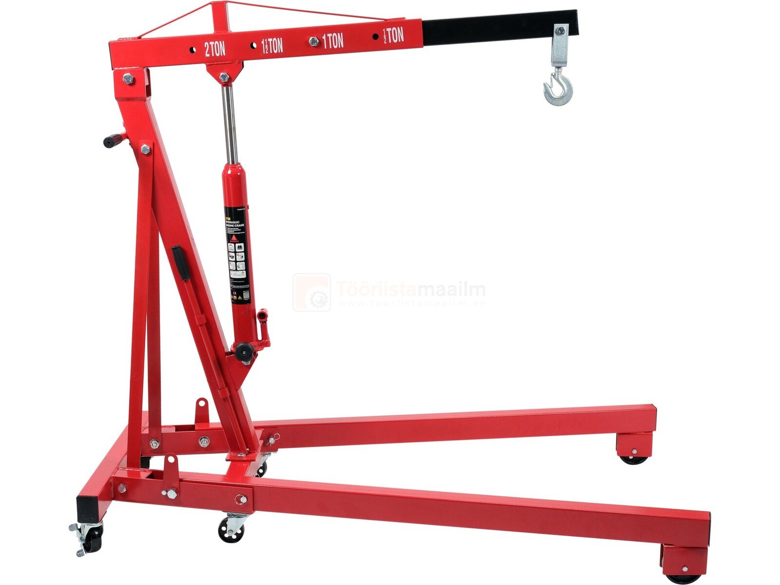 Pildil on punane YATO töökoja kraana, mille tõstevõime on 2000 kg, ja millel on konksu külge kinnitatud tõstemehhanism.