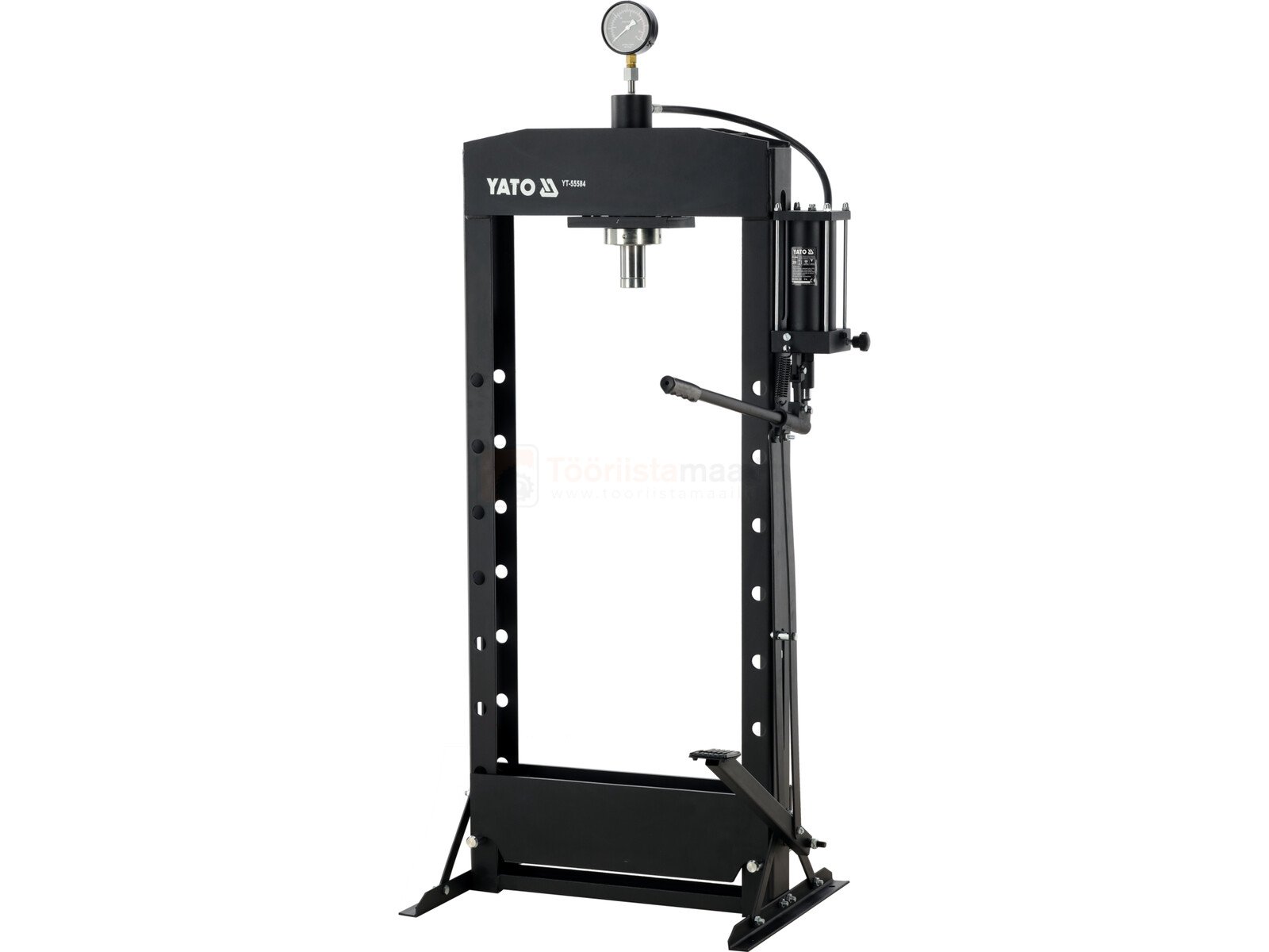 Pildil on musta värvi Yato hüdro-keevispress, millel on manomeeter ja käepide.