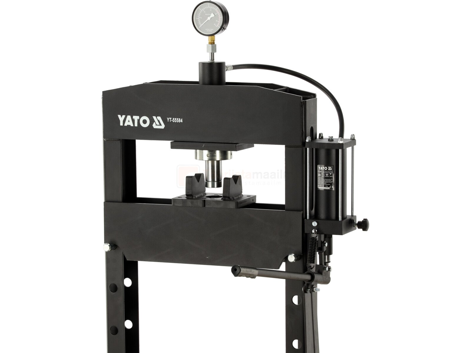 Pildil on musta värvi Yato hüdro-keevispress, millel on manomeeter ja mis näib olevat valmis töö tegemiseks.