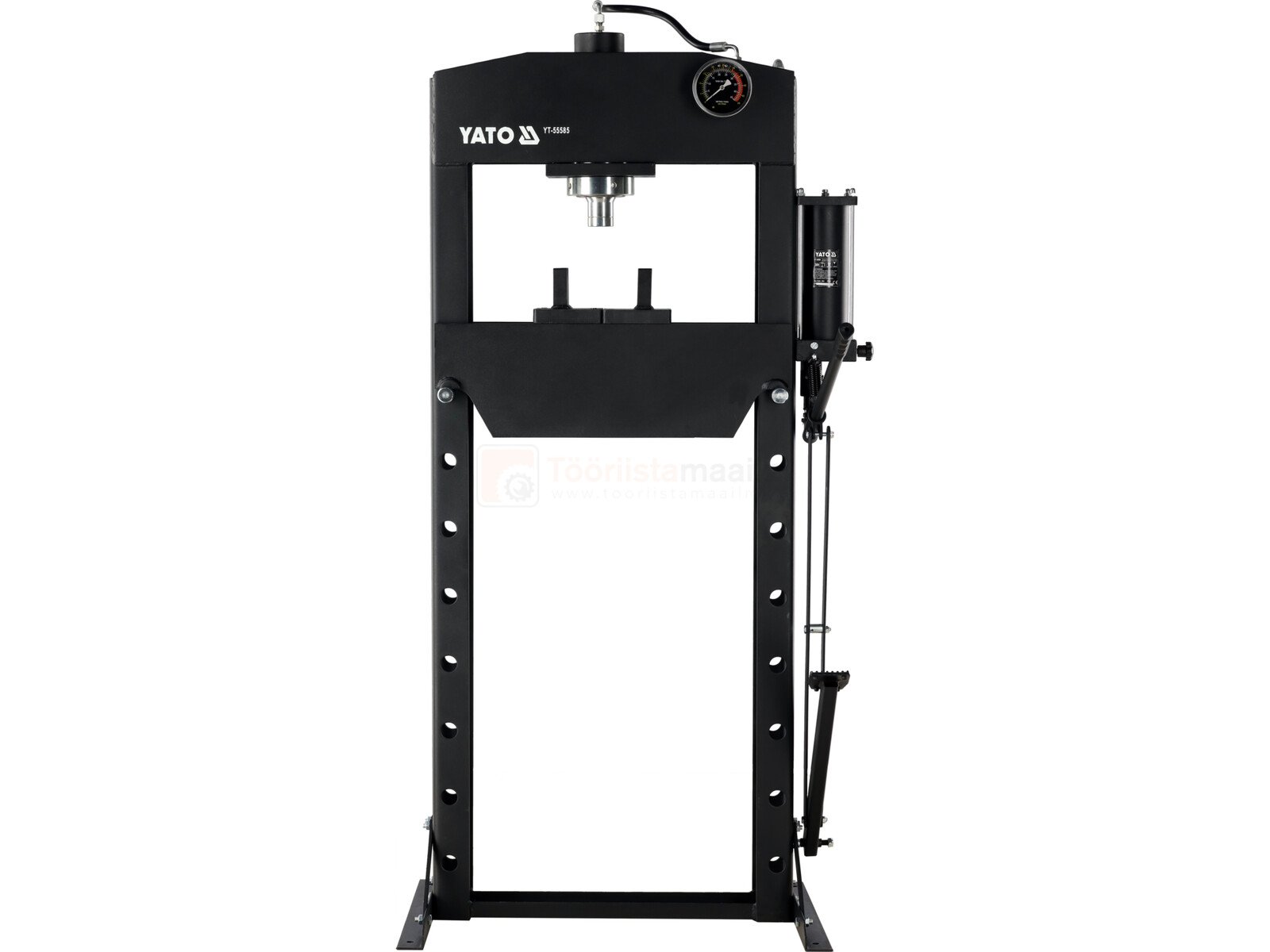 Pildil on musta värvi Yato hüdro-keevituspress, millel on näha rõhumõõtur ja reguleeritav töölaud.