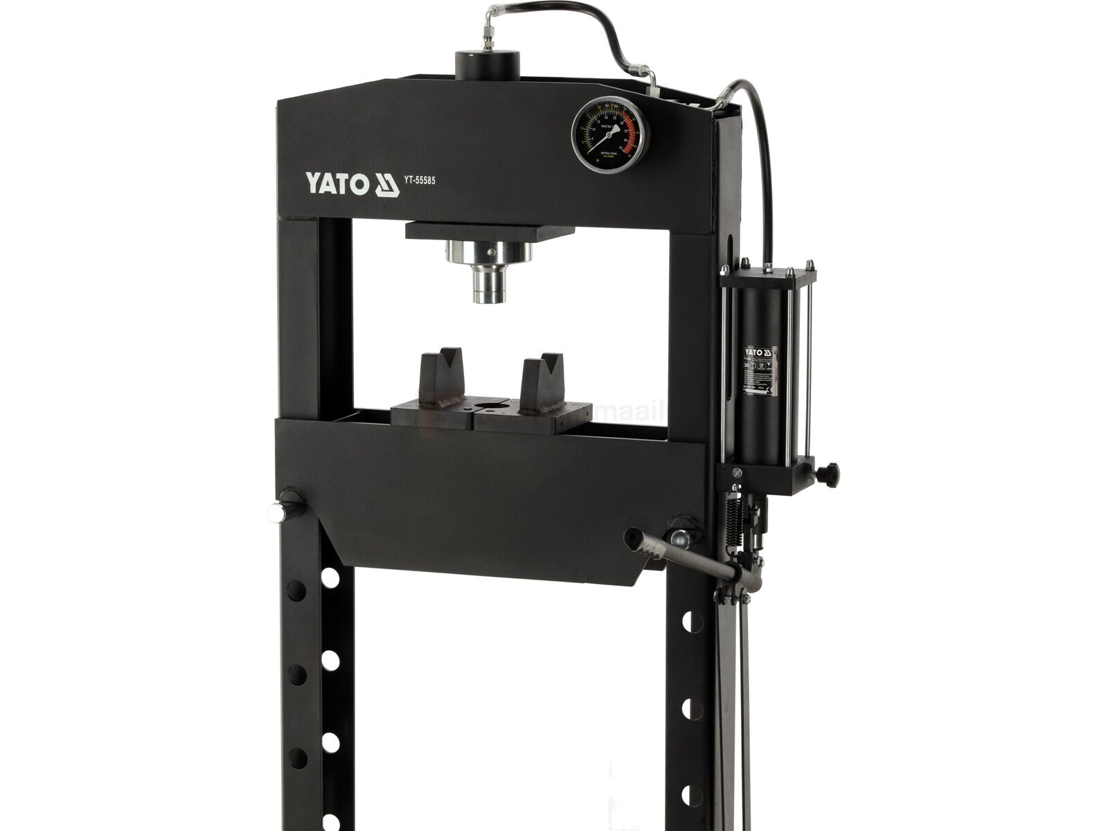 Pildil on must Yato hüdro-keevituspood, millel on manomeeter ja mis näib olevat valmis erinevaid detaile kokku suruma.