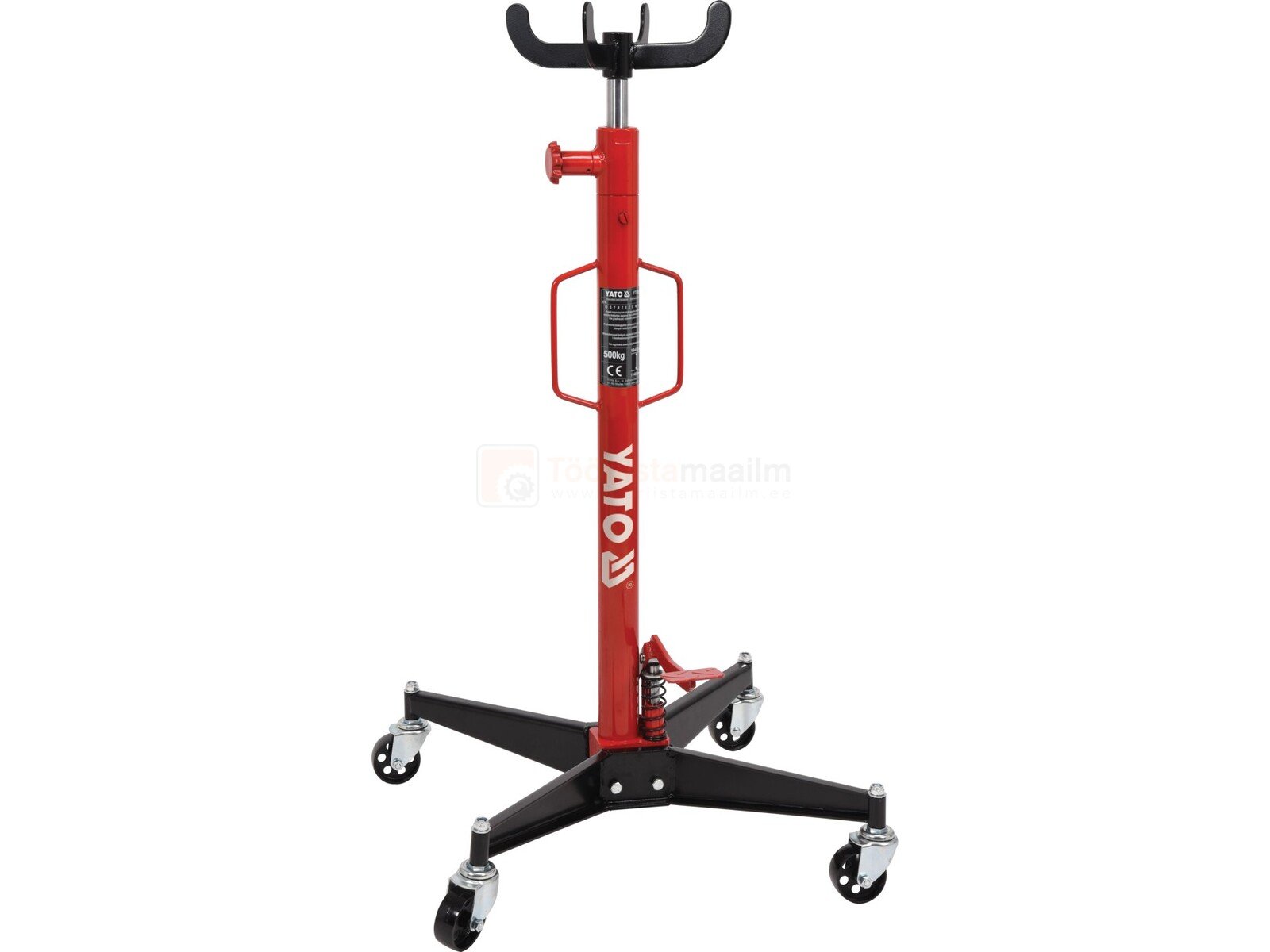 Pildil on Yato käigukasti tungraud, millel on punane tugisammas, mustad jalad ja rattad.