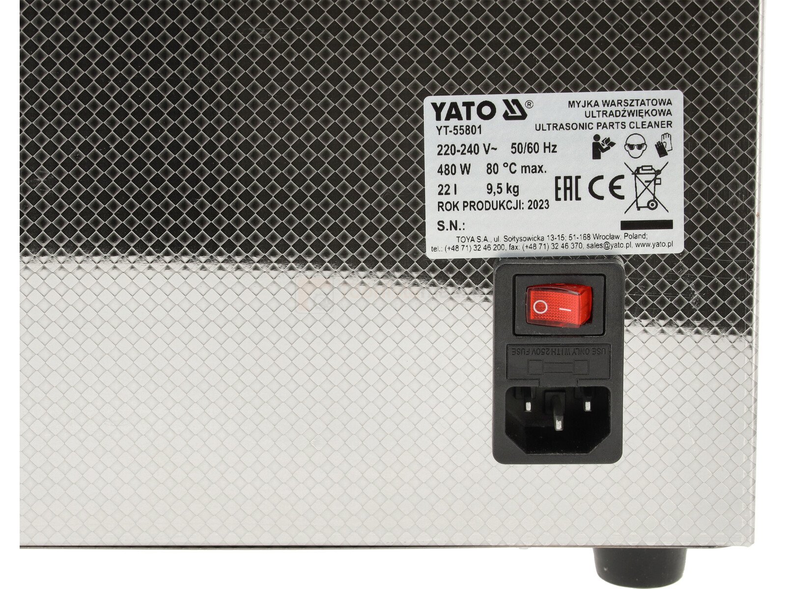Pildil on YATO ultrahelipesuri tagakülg, millel on toitejuhtme pesa, sisse-välja lüliti ja tehniline silt.