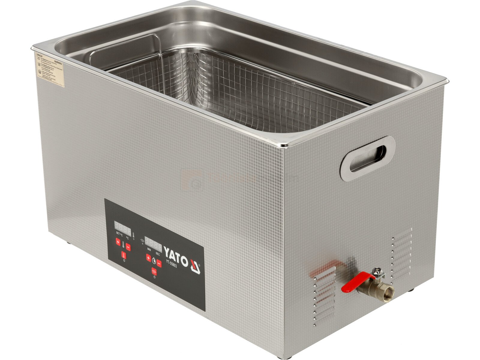 Pildil on YATO 30-liitrine ultrahelipesur, millel on digitaalne juhtpaneel ja äravoolukraan.