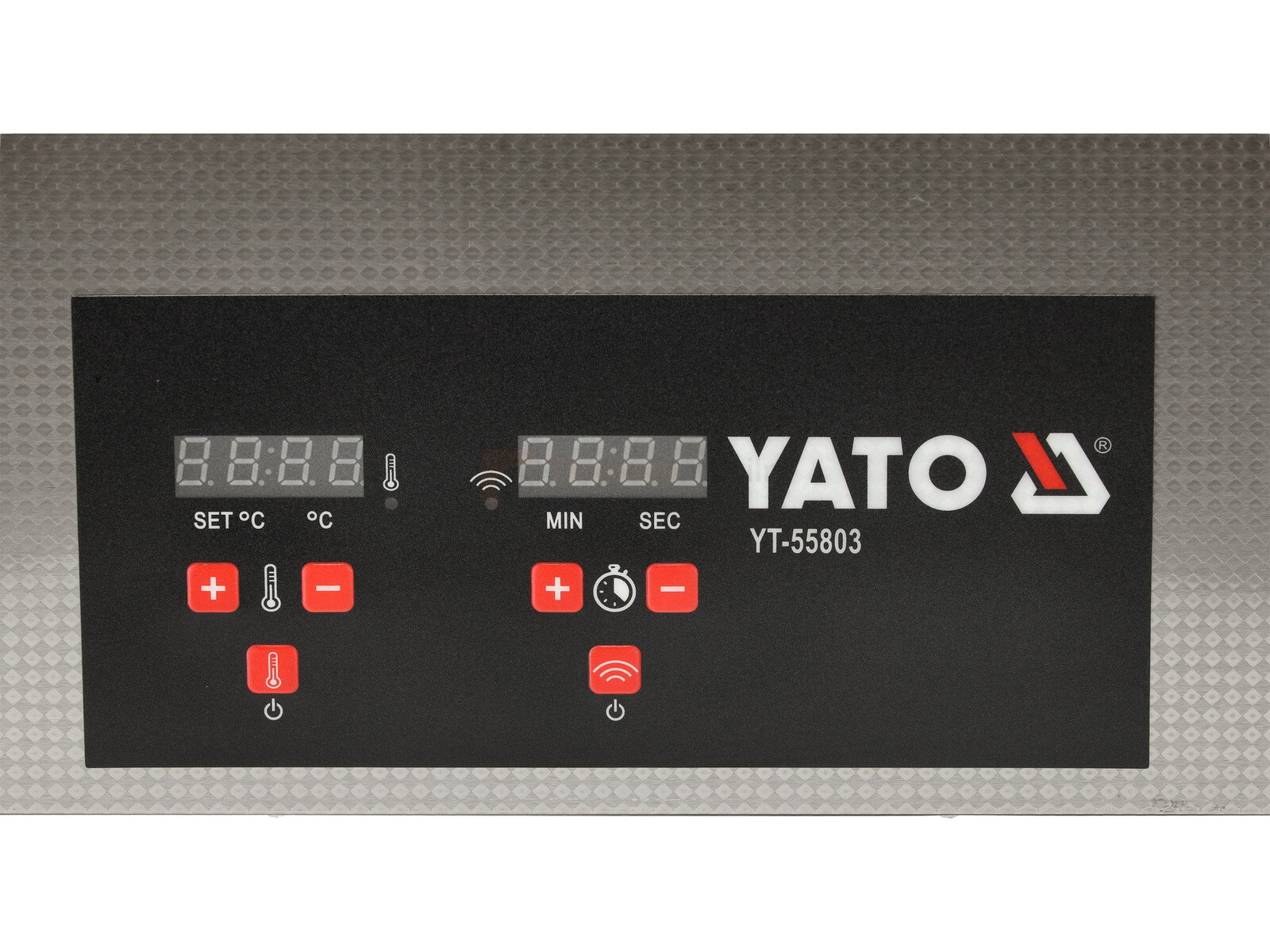Pildil on Yato ultrahelipesuri juhtpaneel, mis näitab temperatuuri ja ajaseadeid.