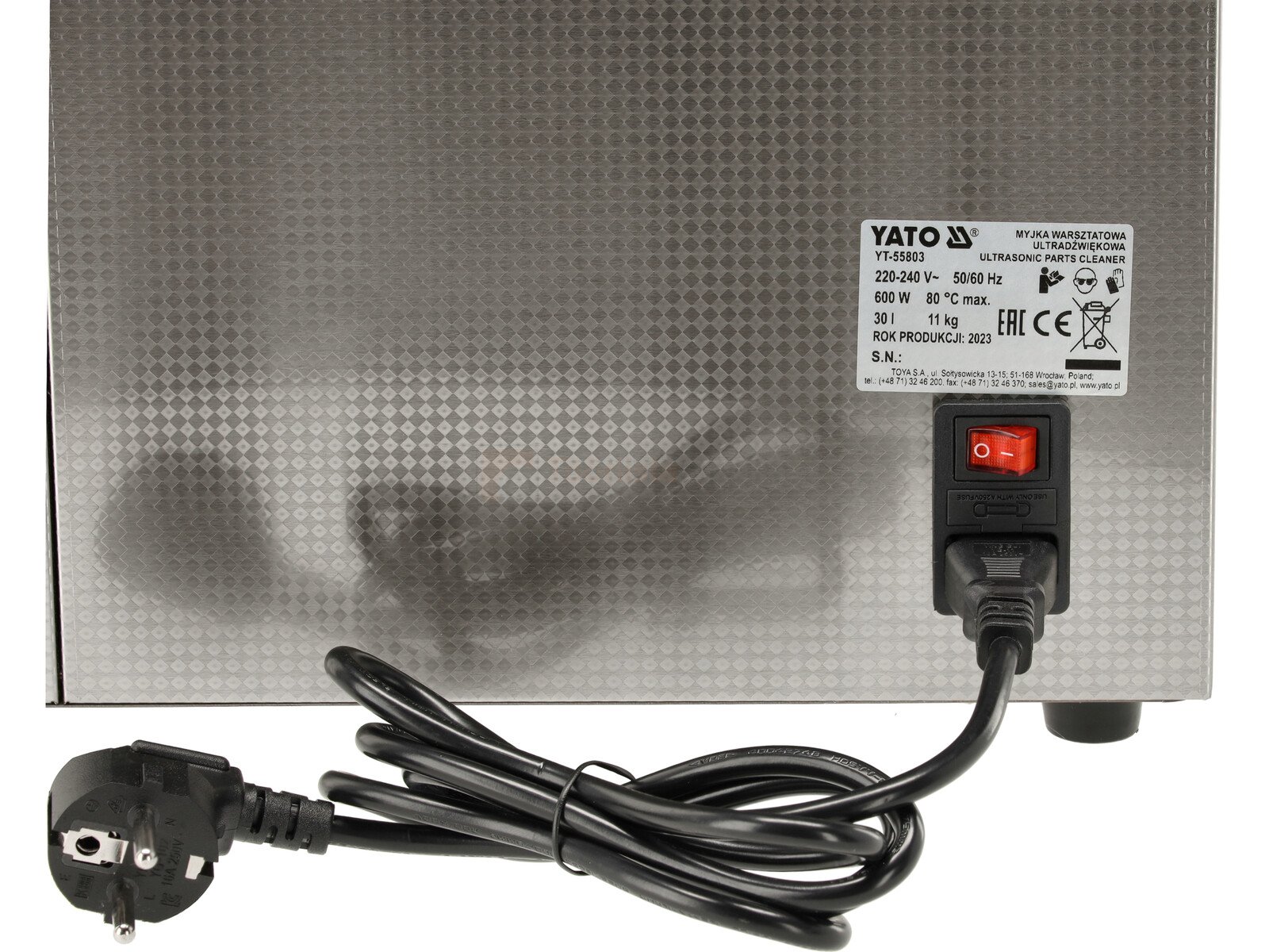 Pildil on Yato ultrahelipesuri tagumine külg, millel on toitejuhe, sisse-välja lüliti ja tehnilised andmed.