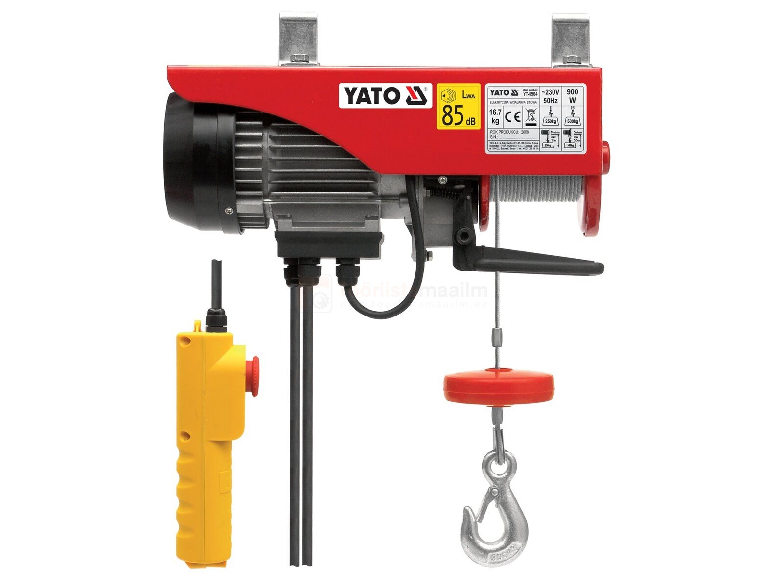 Pildil on punane Yato elektritali, millel on kollane juhtpult, tross ja konks.